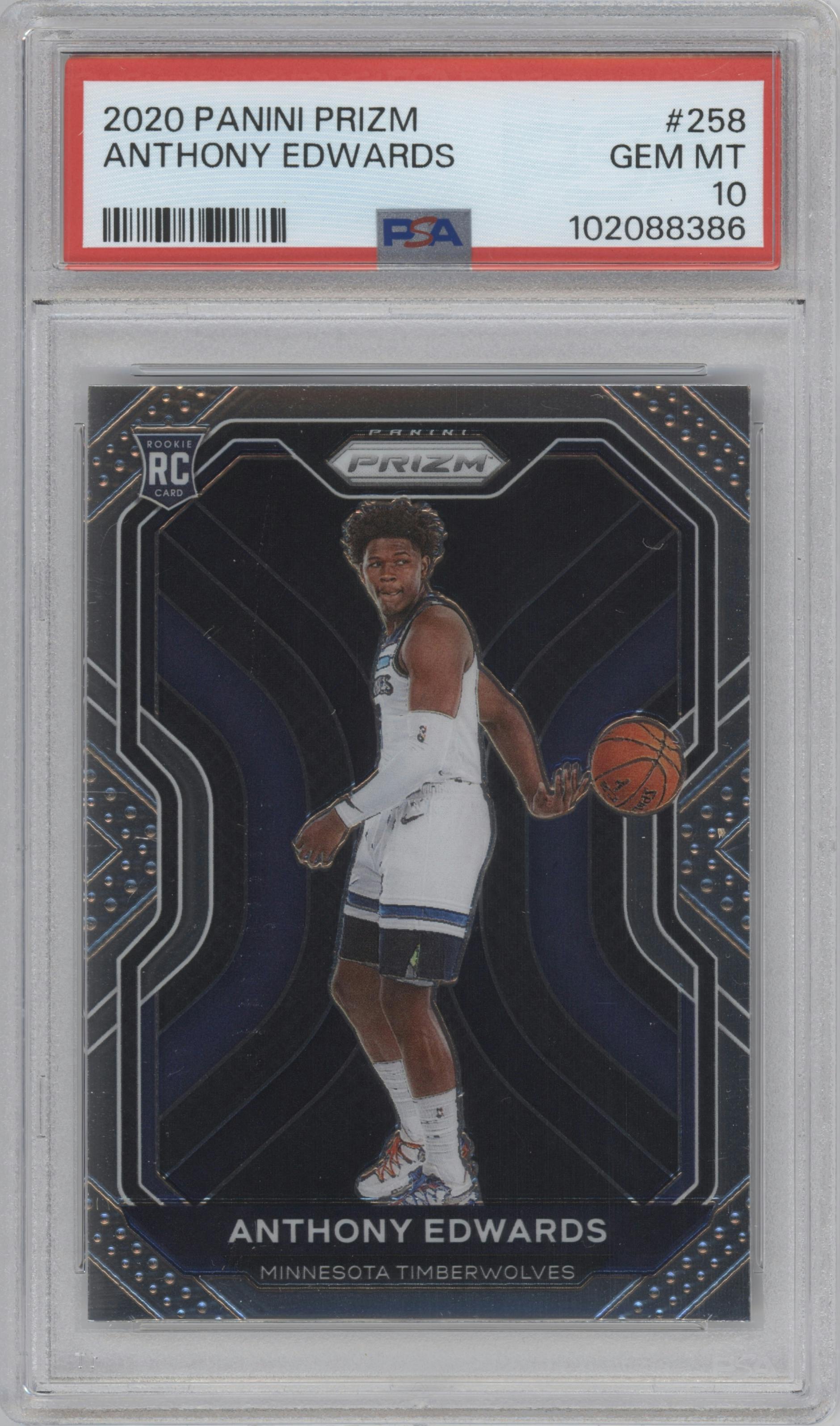 Anthony Edwards from the 2020-21 Panini Prizm set graded by PSA and given an overall grade of 10.