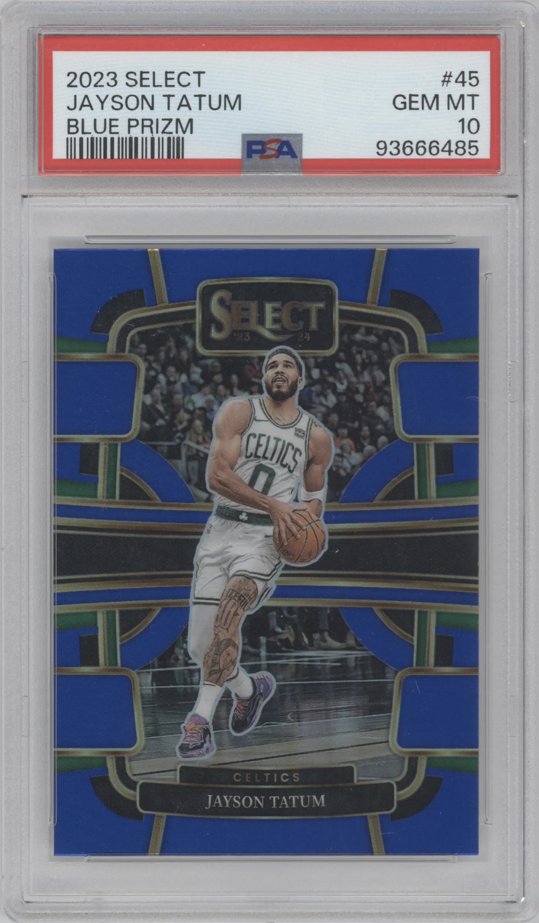 Jayson Tatum from the 2023-24 Panini Select  set featuring a Blue Prizm parallel graded by PSA and given an overall grade of 10.