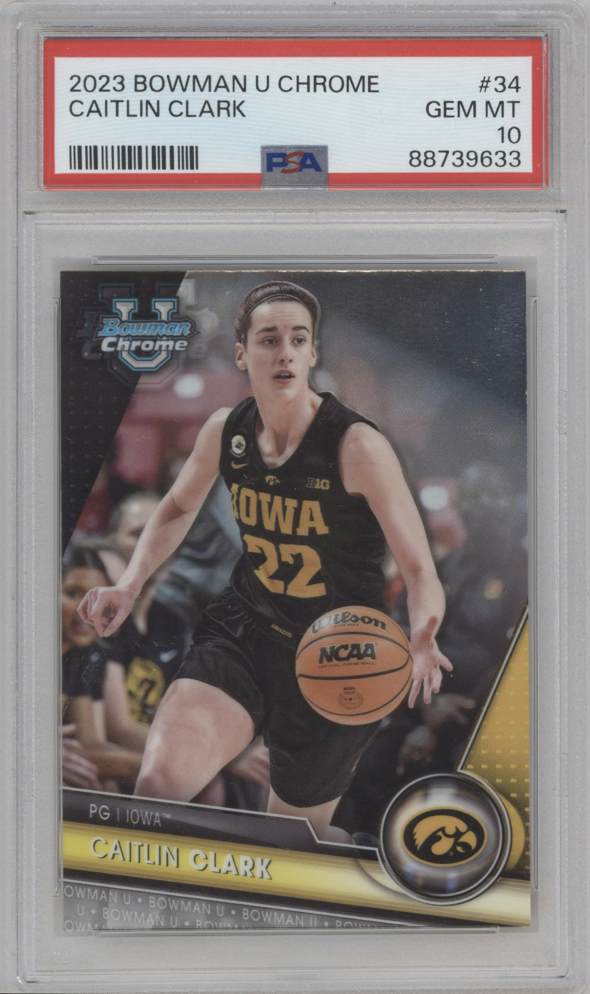 Caitlin Clark from the 2023-24 Bowman U Chrome set graded by PSA and given an overall grade of 10.