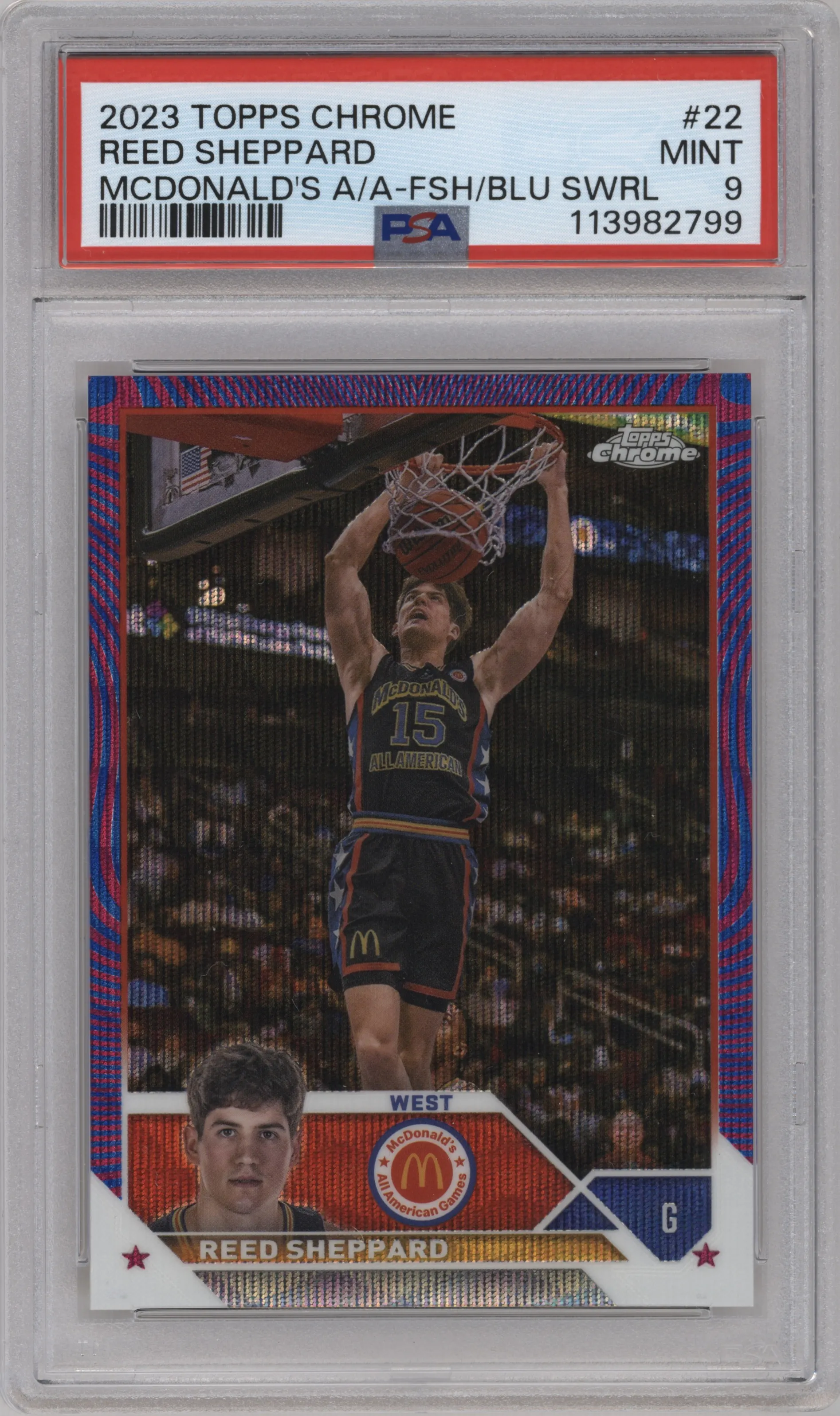 2023 Topps Chrome McDonald's All American Reed Sheppard Fuchsia/Blue Swirl Refractor #22 PSA 9