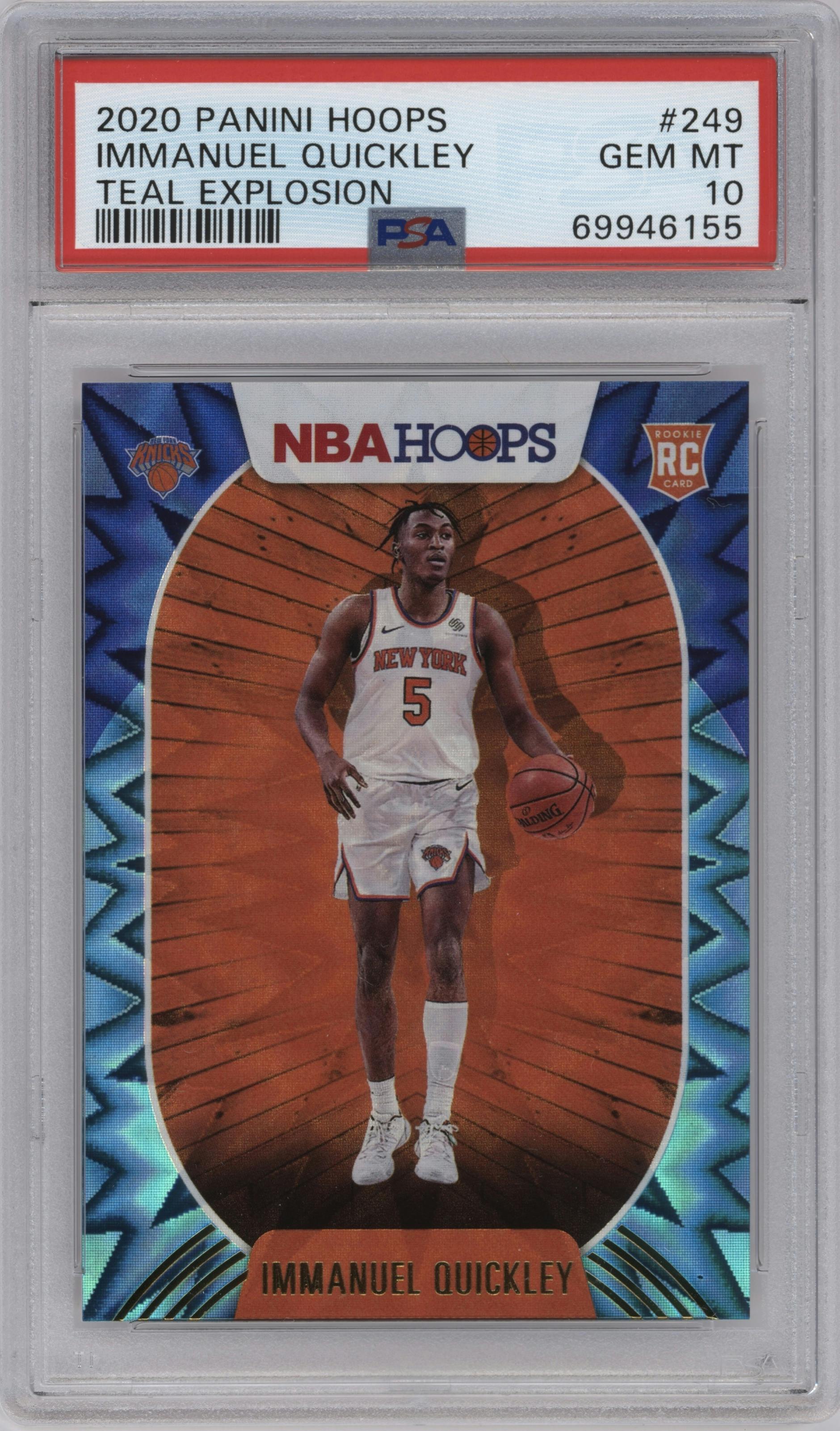 Immanuel Quickley from the 2020-21 Panini NBA Hoops set featuring a Teal Explosion parallel graded by PSA and given an overall grade of 10.
