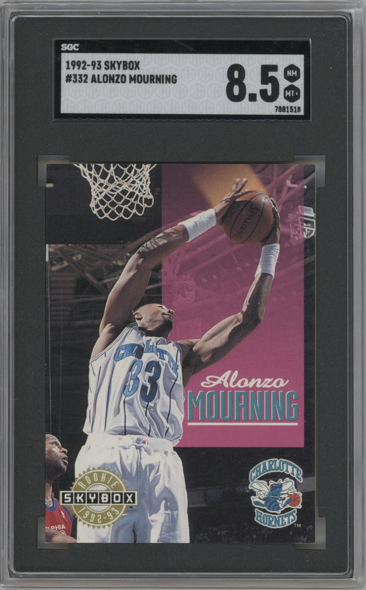 Alonzo Mourning from the 1992-93 Skybox set graded by SGC and given an overall grade of 8.5.
