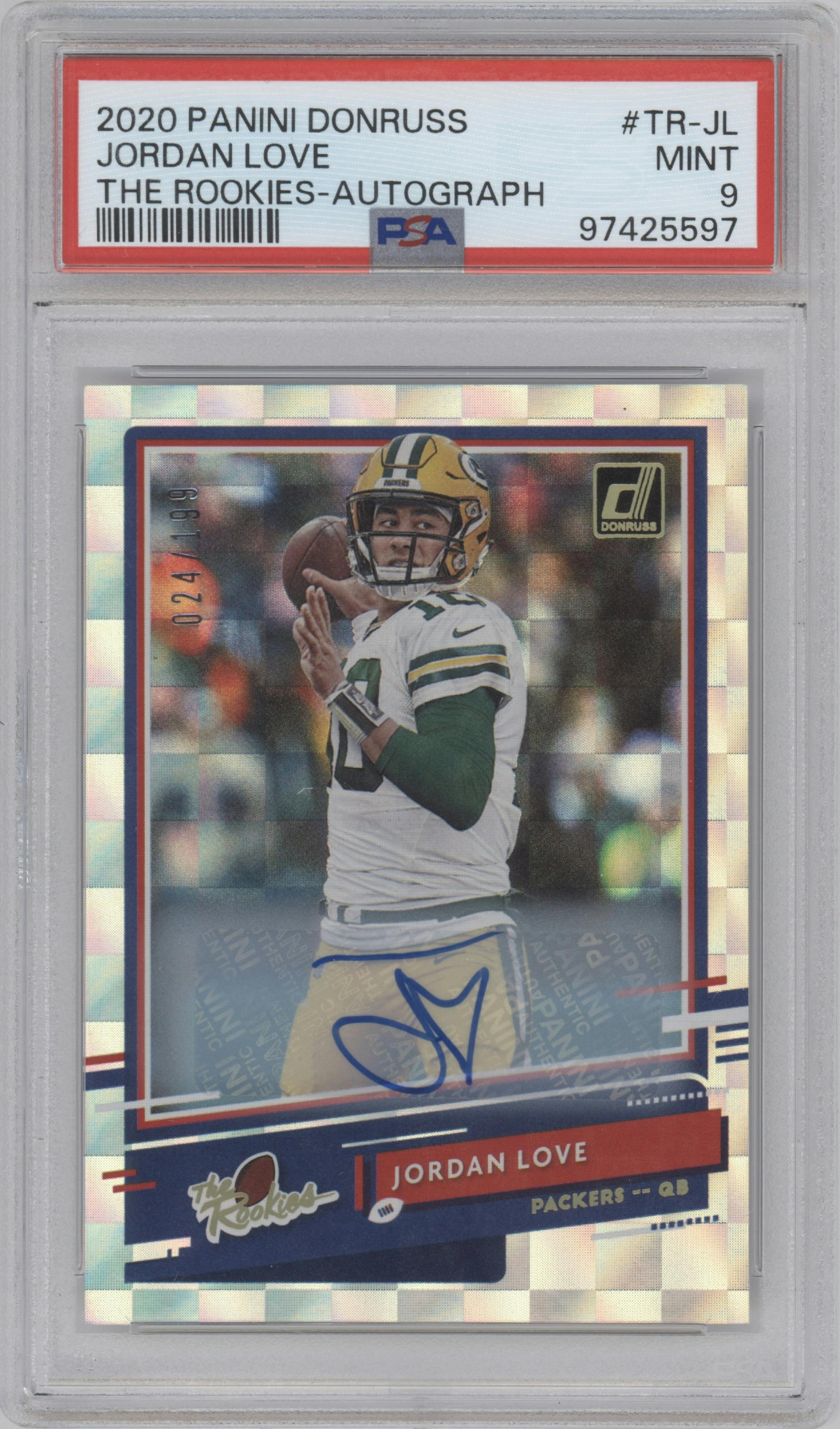 Jordan Love from the 2020 Panini Donruss set graded by PSA and given an overall grade of 9.