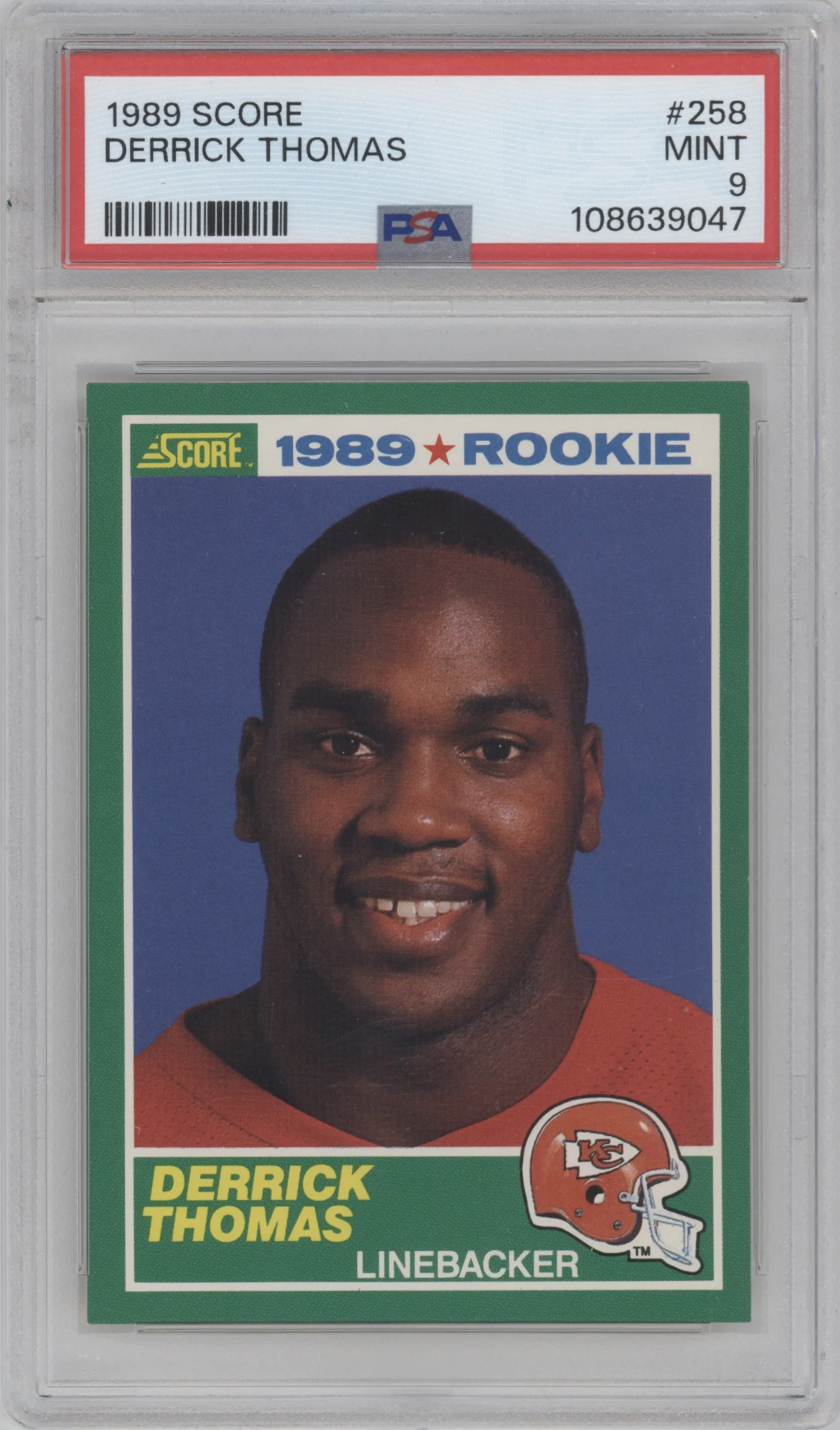 Derrick Thomas from the 1989 Score set graded by PSA and given an overall grade of 9.