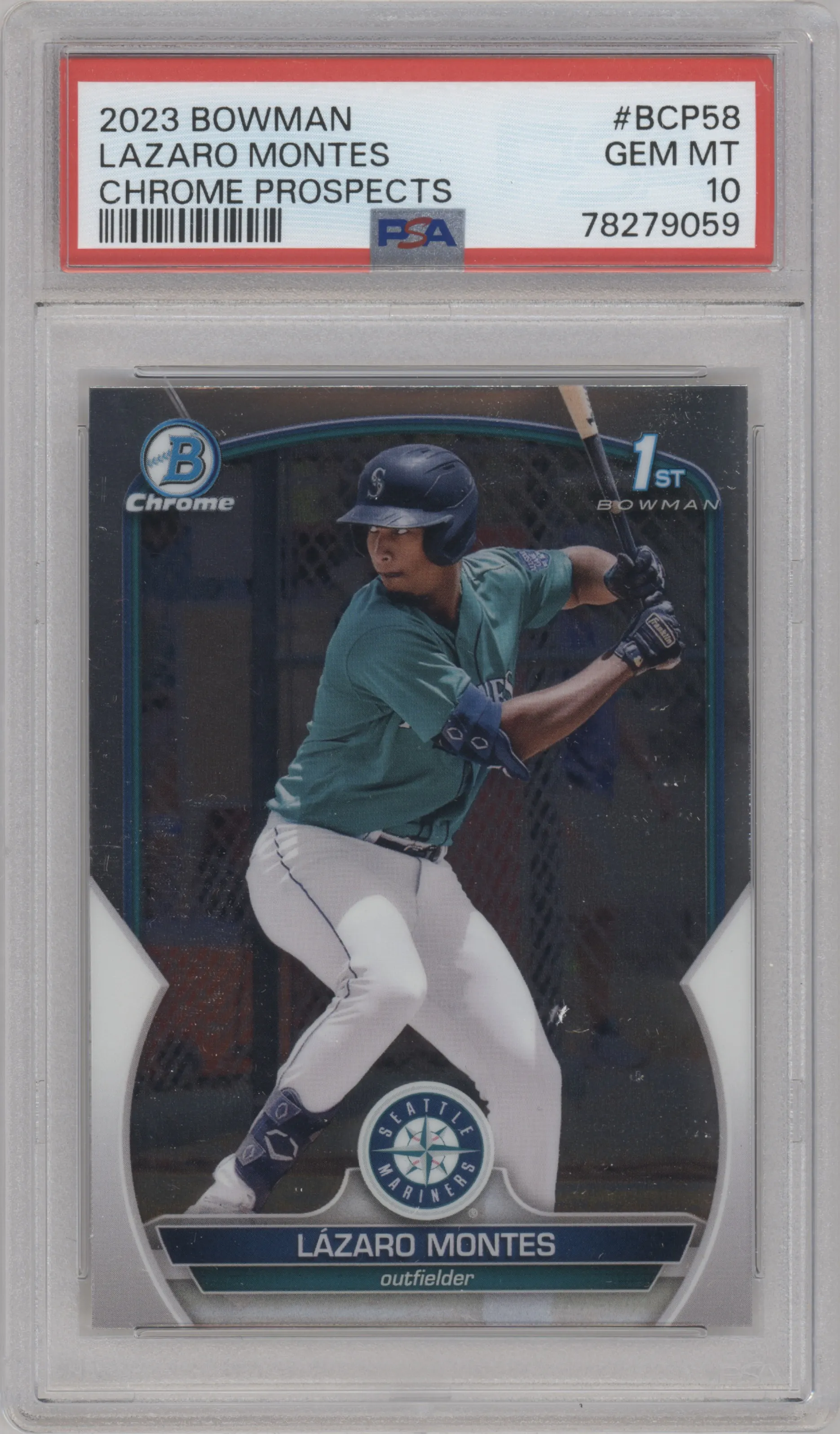 Lazaro Montes from the 2023 Bowman  set graded by PSA and given an overall grade of 10.