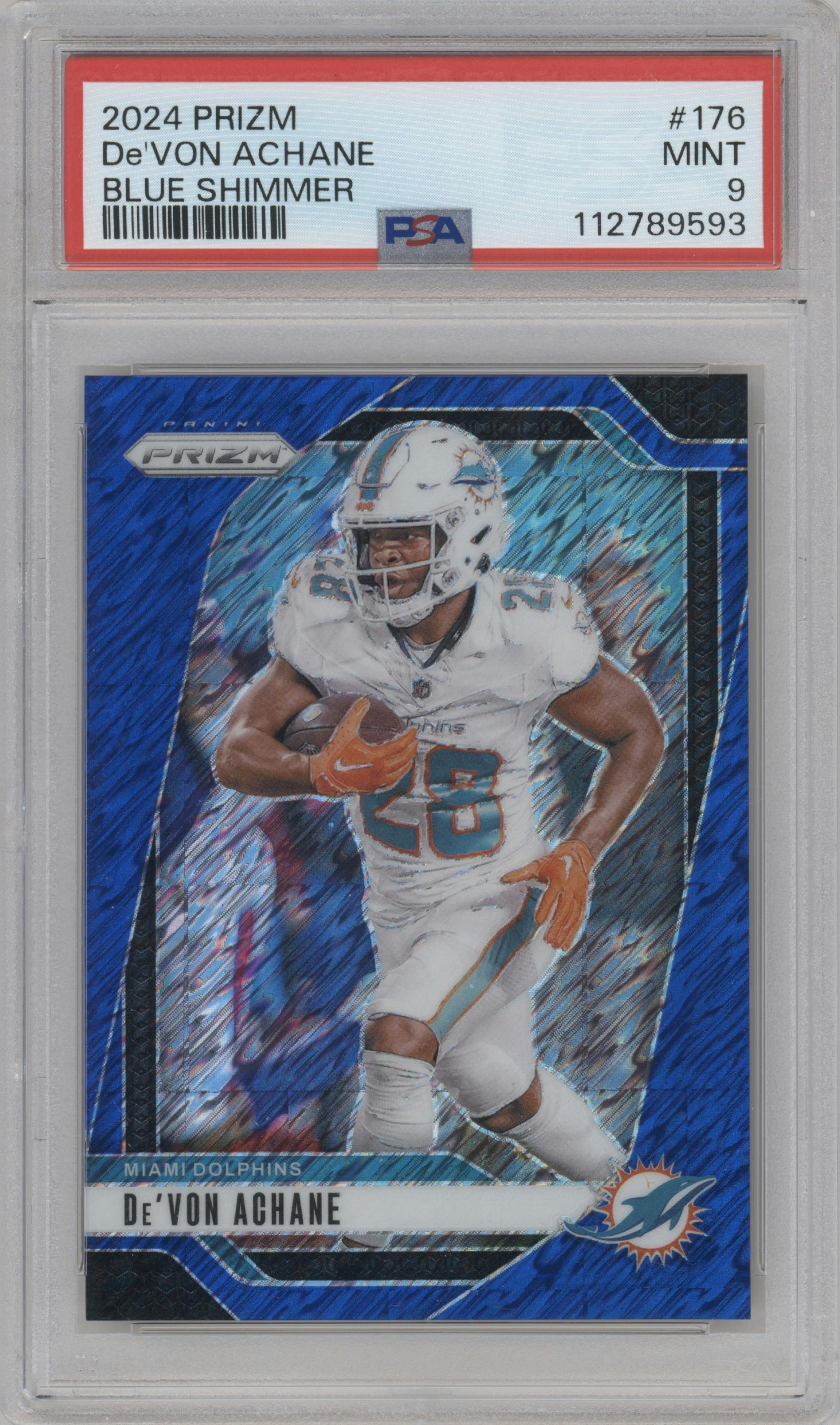 De'Von Achane  from the 2024 Panini Prizm set featuring a Blue Shimmer parallel graded by PSA and given an overall grade of 9.
