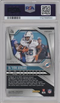 De'Von Achane  from the 2024 Panini Prizm set featuring a Blue Shimmer parallel graded by PSA and given an overall grade of 9.