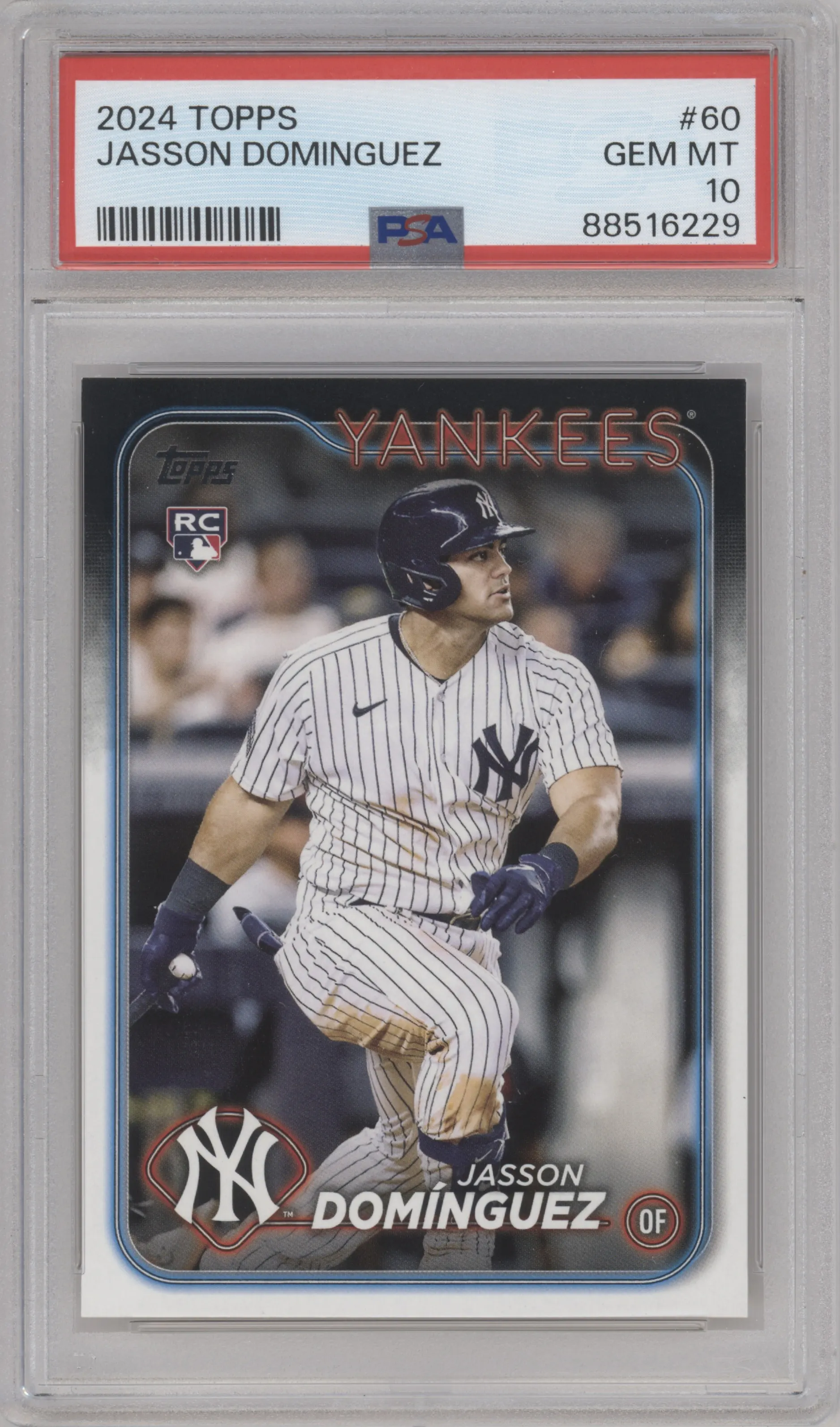 Jasson Dominguez from the 2024 Topps  set graded by PSA and given an overall grade of 10.