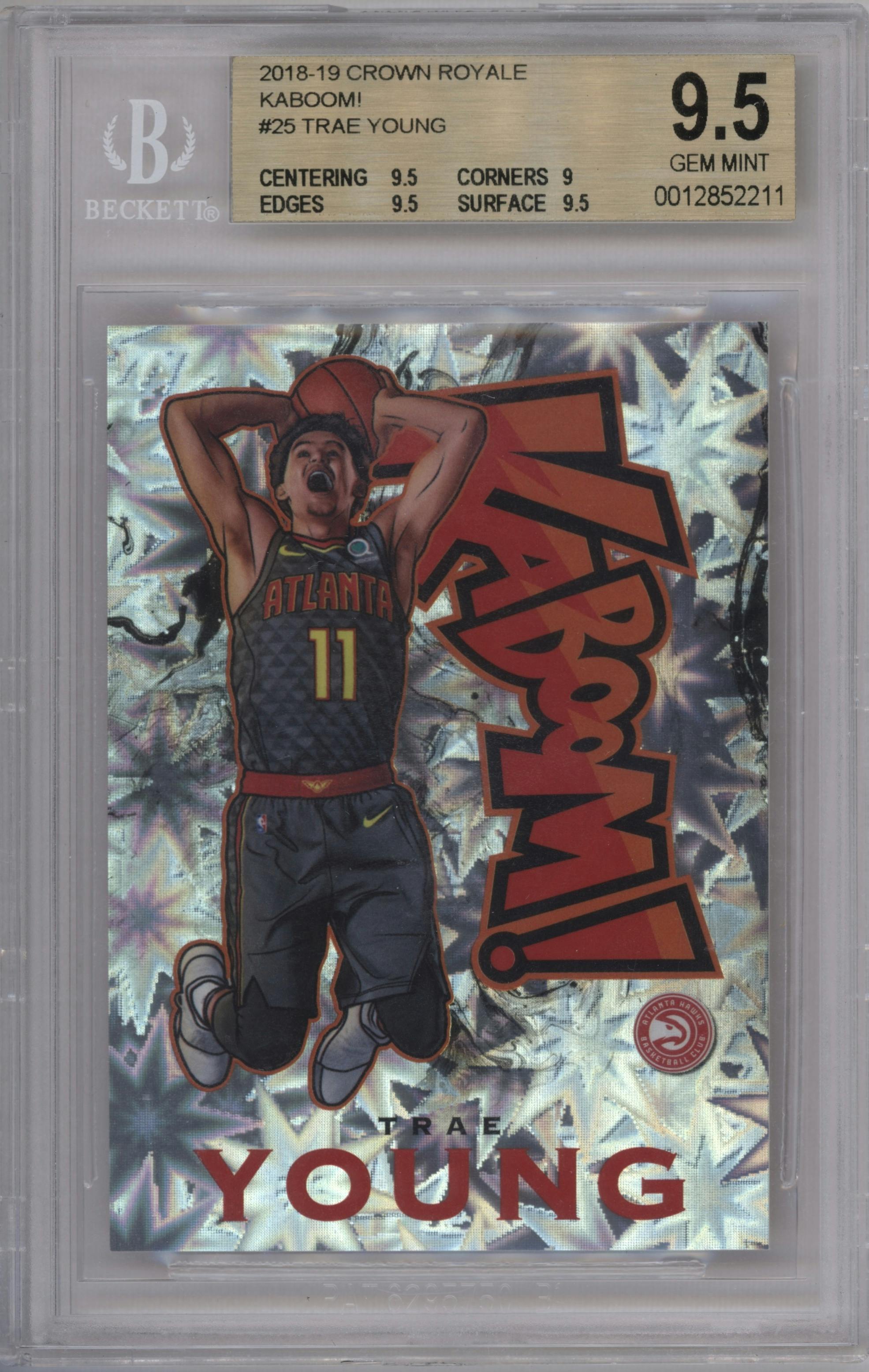 Trae Young from the 2018-19 Panini Crown Royale set graded by Beckett and given an overall grade of 9.5.
