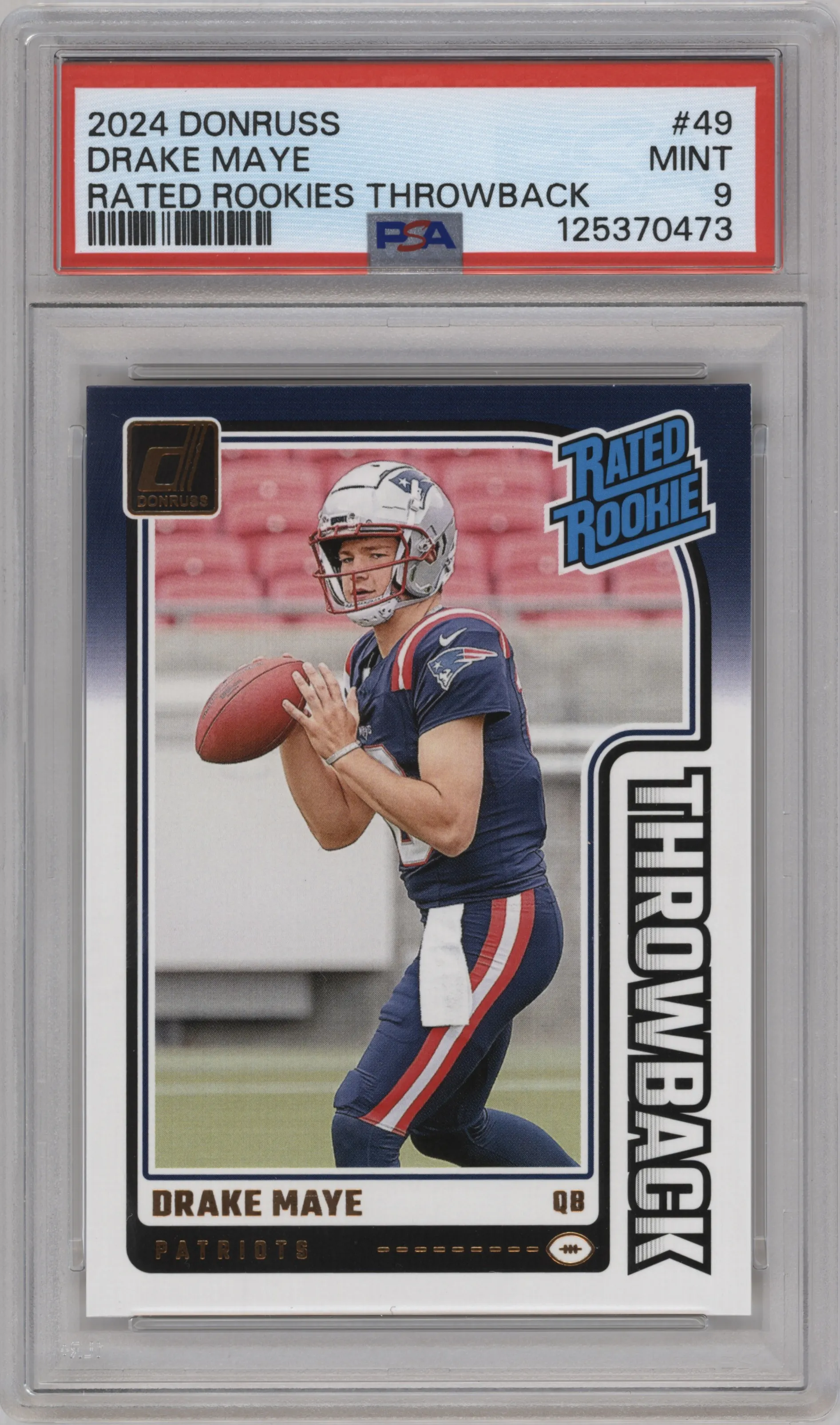 Drake Maye from the 2024 Donruss set graded by PSA and given an overall grade of 9.