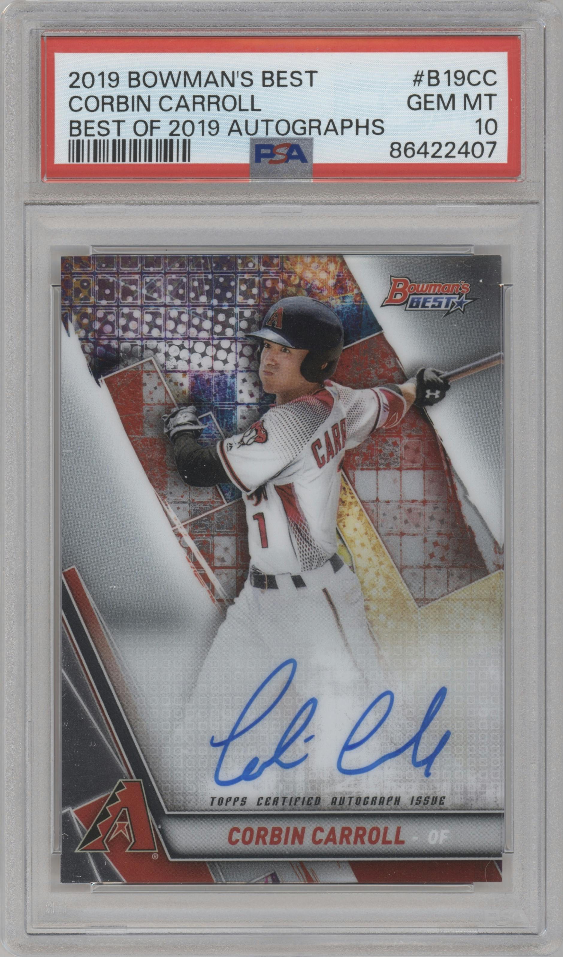 Corbin Carroll from the 2019 Bowman’s Best set graded by PSA and given an overall grade of 10.