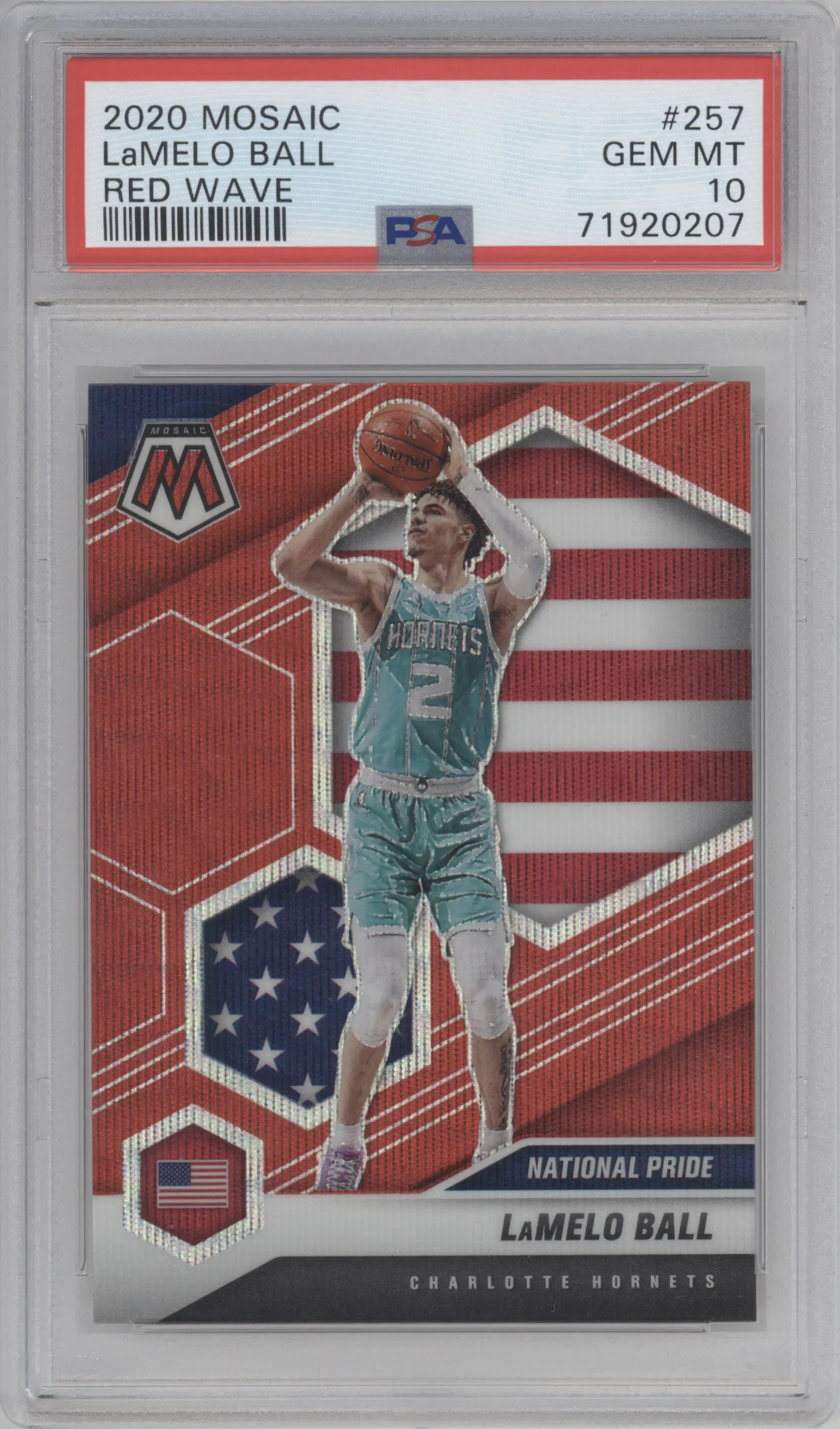 LaMelo Ball from the 2020-21 Panini Mosaic set featuring a Red Wave parallel graded by PSA and given an overall grade of 10.