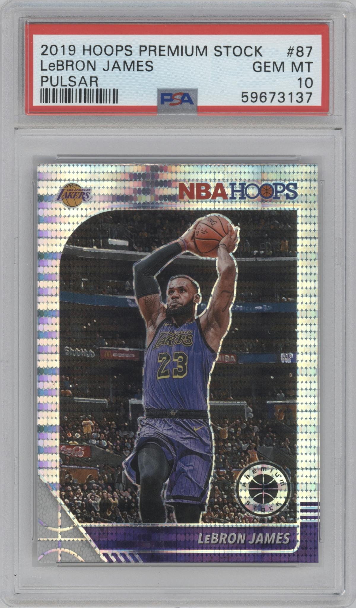 LeBron James from the 2019-20 Panini Hoops Premium Stock set featuring a Pulsar parallel graded by PSA and given an overall grade of 10.