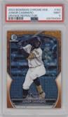 Junior Caminero from the 2023 Bowman Chrome Mega Box set featuring a Orange Refractor parallel graded by PSA and given an overall grade of 9.