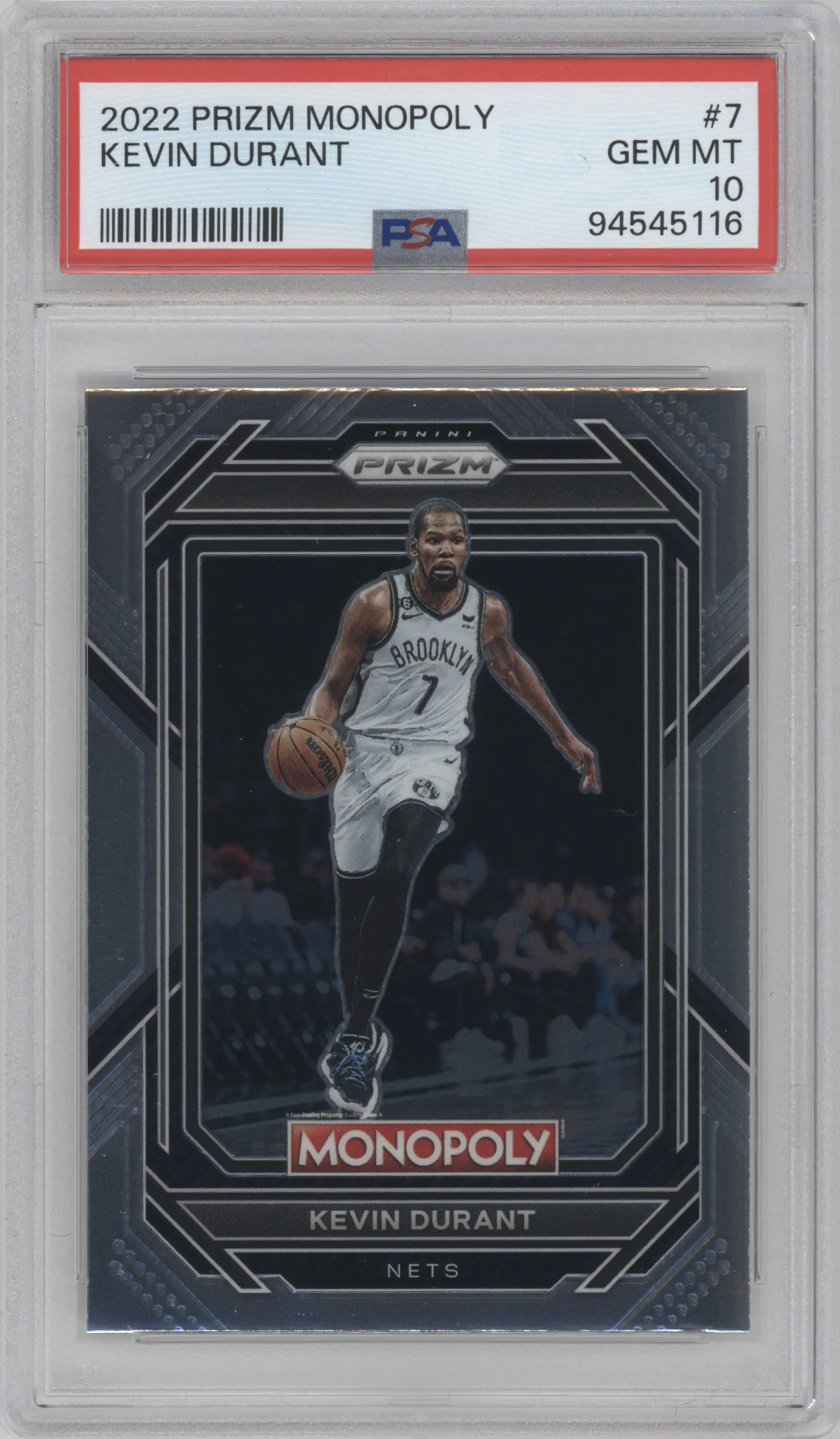 Kevin Durant from the 2022-23 Panini Prizm Monopoly set graded by PSA and given an overall grade of 10.