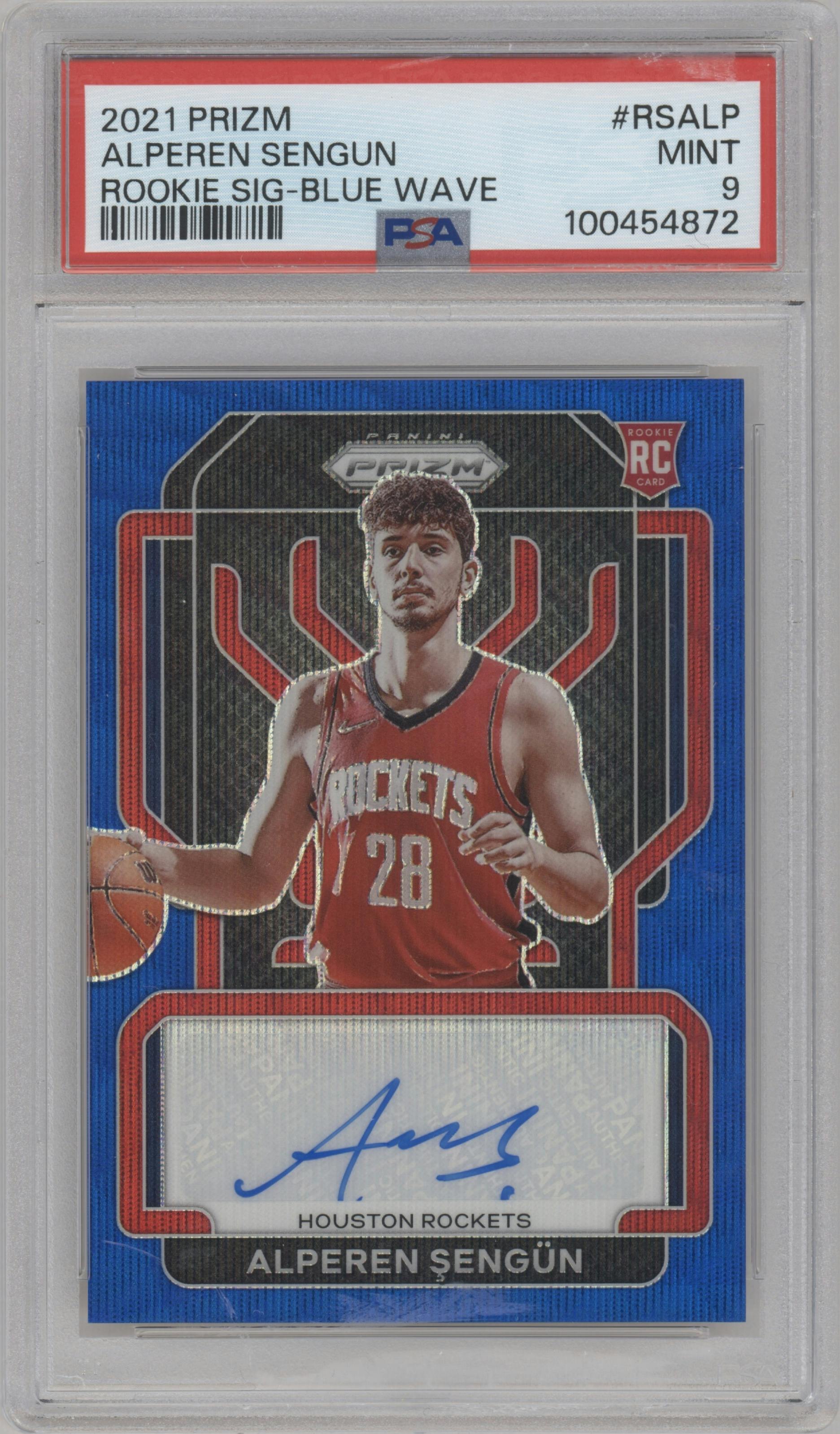 Alperen Sengun from the 2021-22 Panini Prizm  set featuring a Blue Wave parallel graded by PSA and given an overall grade of 9.