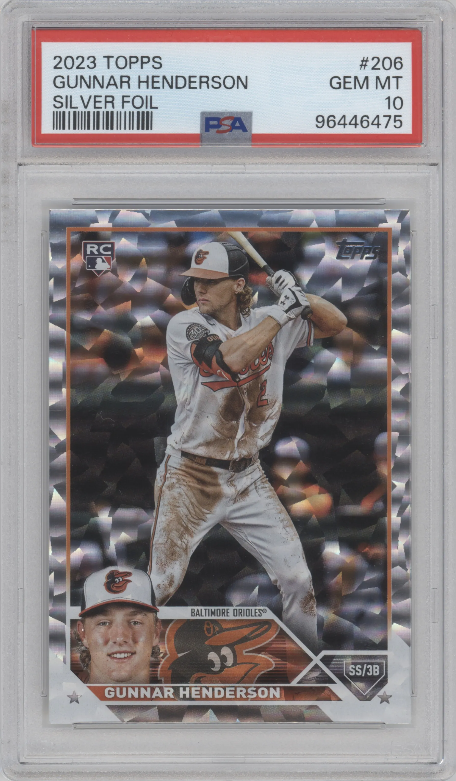 Gunnar Henderson from the 2023 Topps Series 1 set featuring a Silver Foil parallel graded by PSA and given an overall grade of 10.