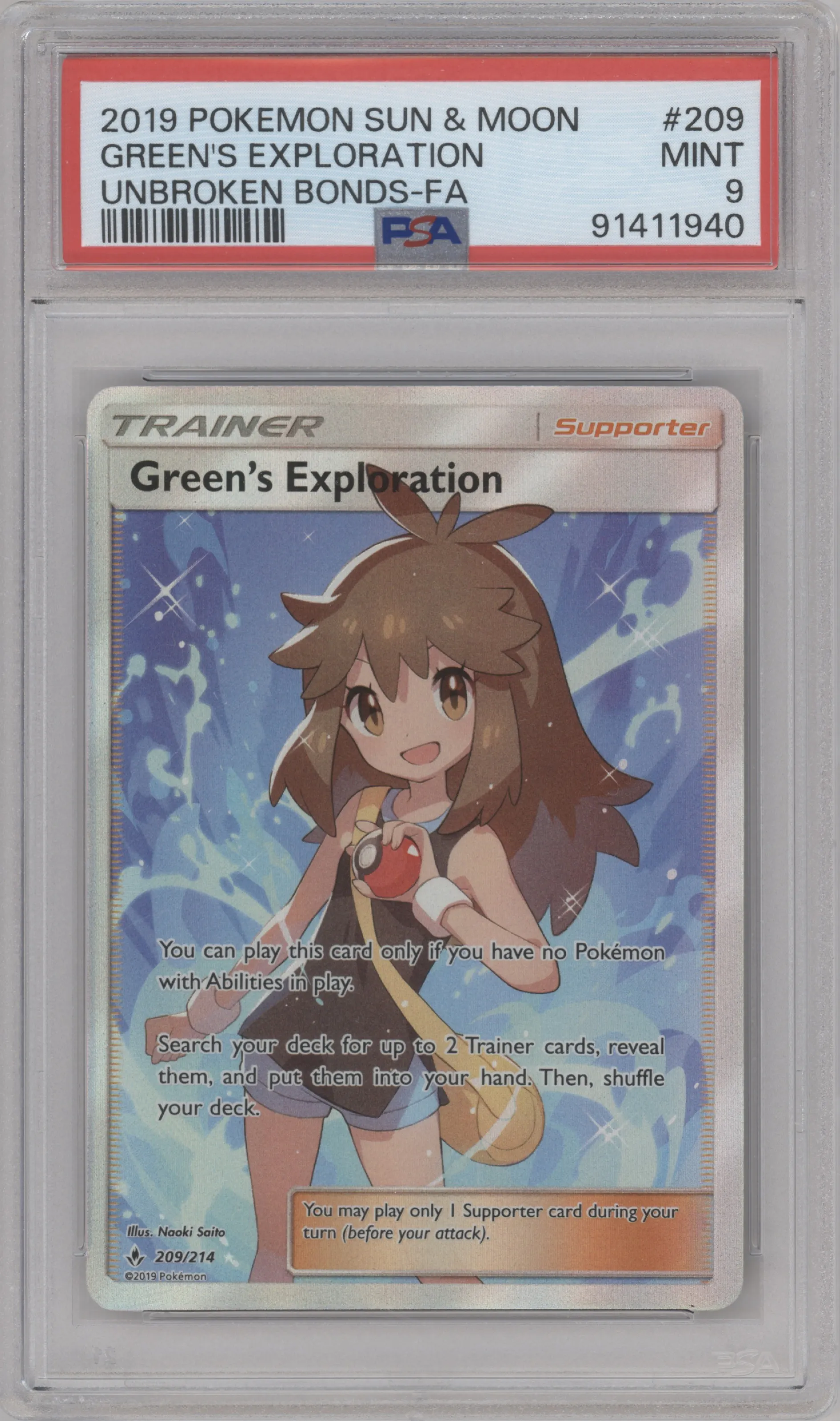 Green's Exploration from the 2019 Pokemon S&M  set graded by PSA and given an overall grade of 9.