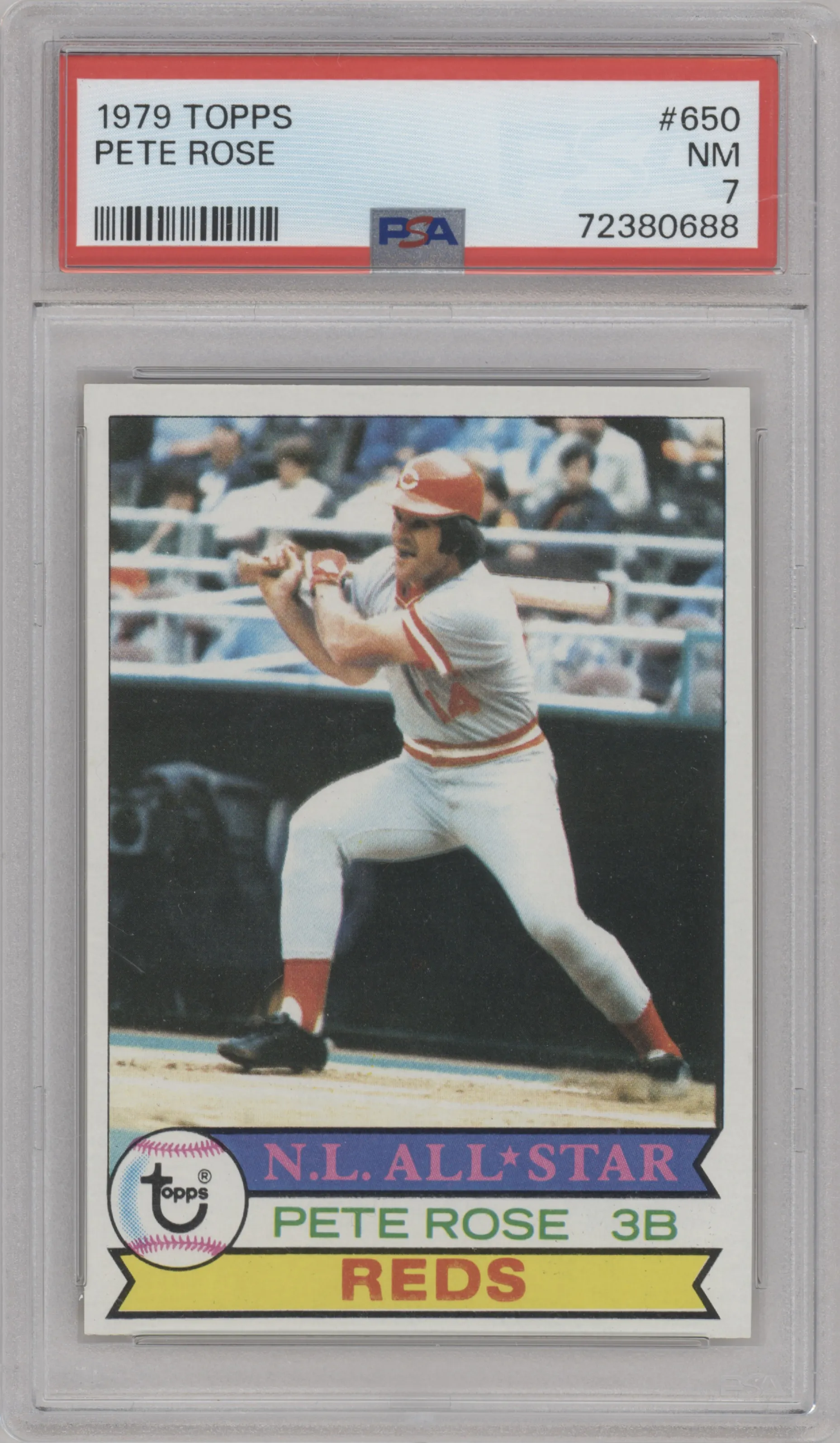 Pete Rose from the 1979 Topps set graded by PSA and given an overall grade of 7.