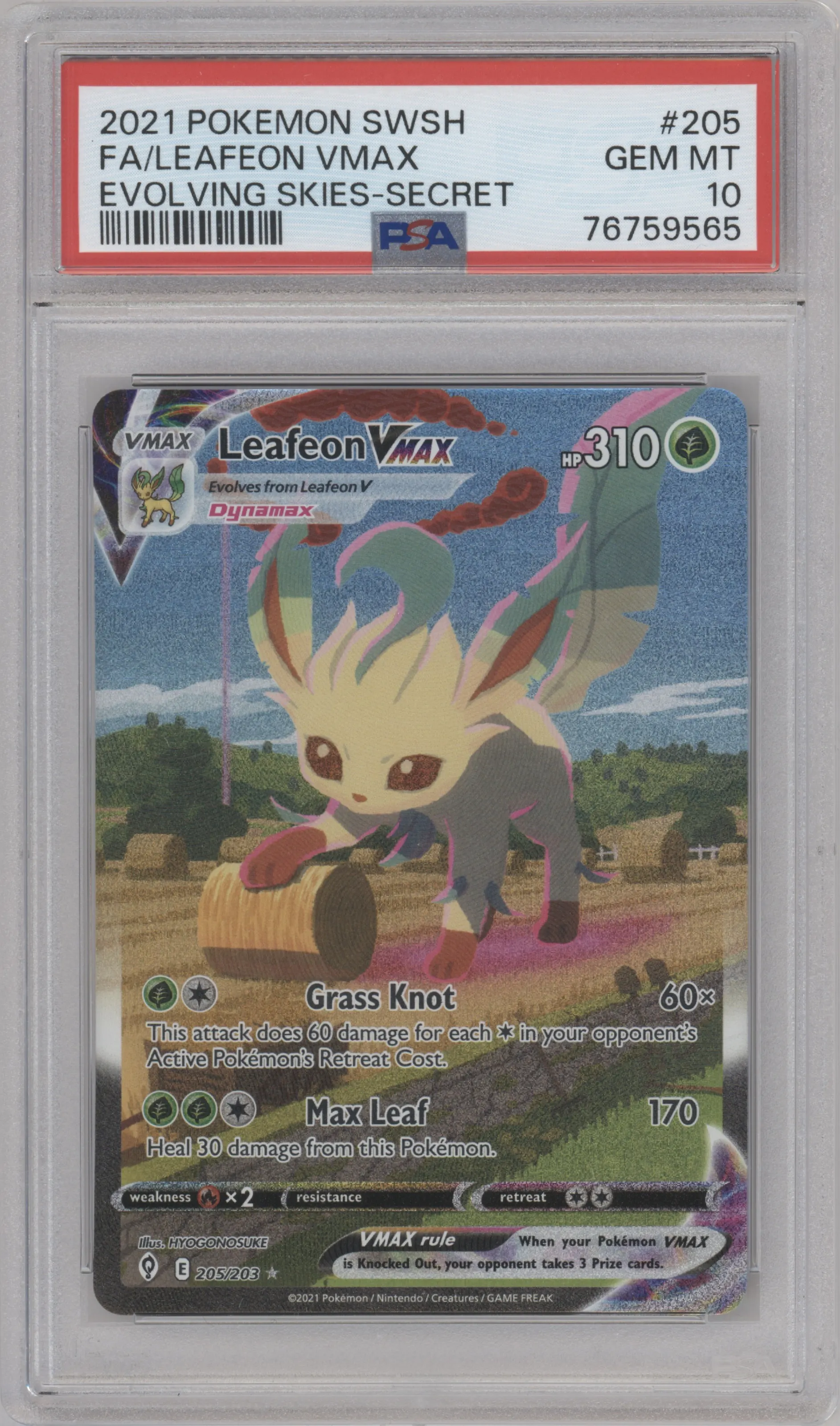 Leafeon VMAX from the 2021 Pokemon SWSH set graded by PSA and given an overall grade of 10.