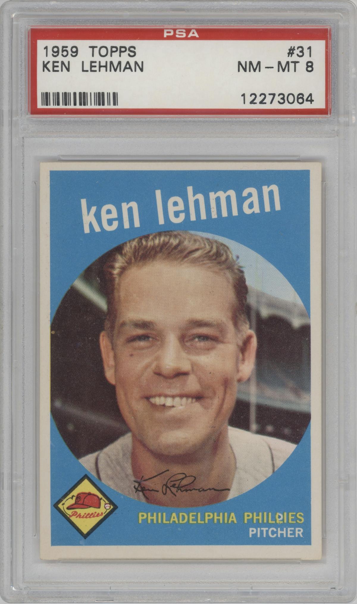 Ken Lehman from the 1959 Topps set graded by PSA and given an overall grade of 8.