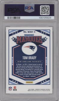 Tom Brady from the 2022 Panini Chronicles set featuring a Purple parallel graded by PSA and given an overall grade of 8.