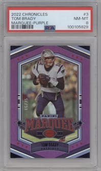 Tom Brady from the 2022 Panini Chronicles set featuring a Purple parallel graded by PSA and given an overall grade of 8.
