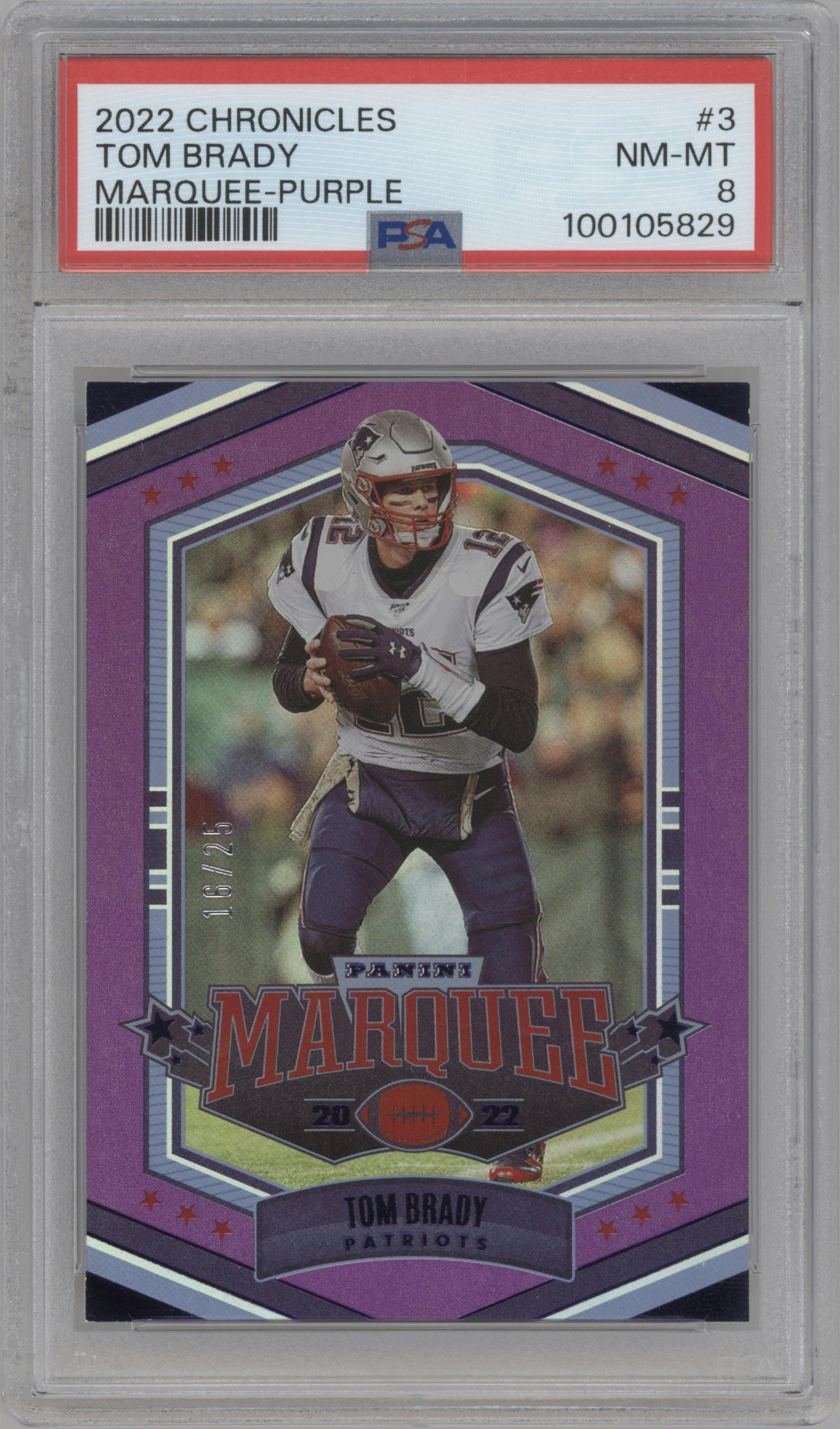 Tom Brady from the 2022 Panini Chronicles set featuring a Purple parallel graded by PSA and given an overall grade of 8.