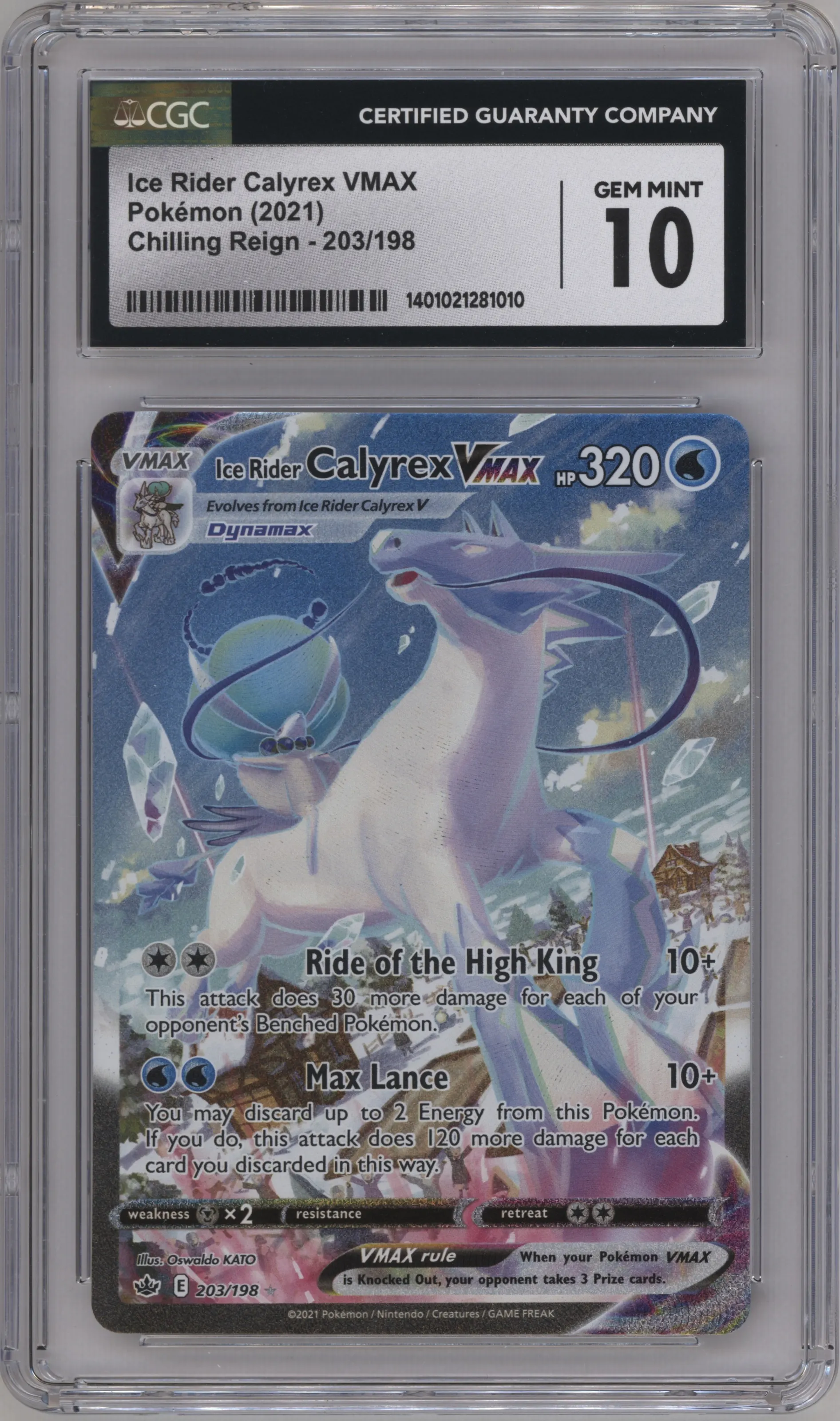 Ice Rider Calyrex VMAX from the 2021 Pokemon SWSH set graded by CSG and given an overall grade of 10.