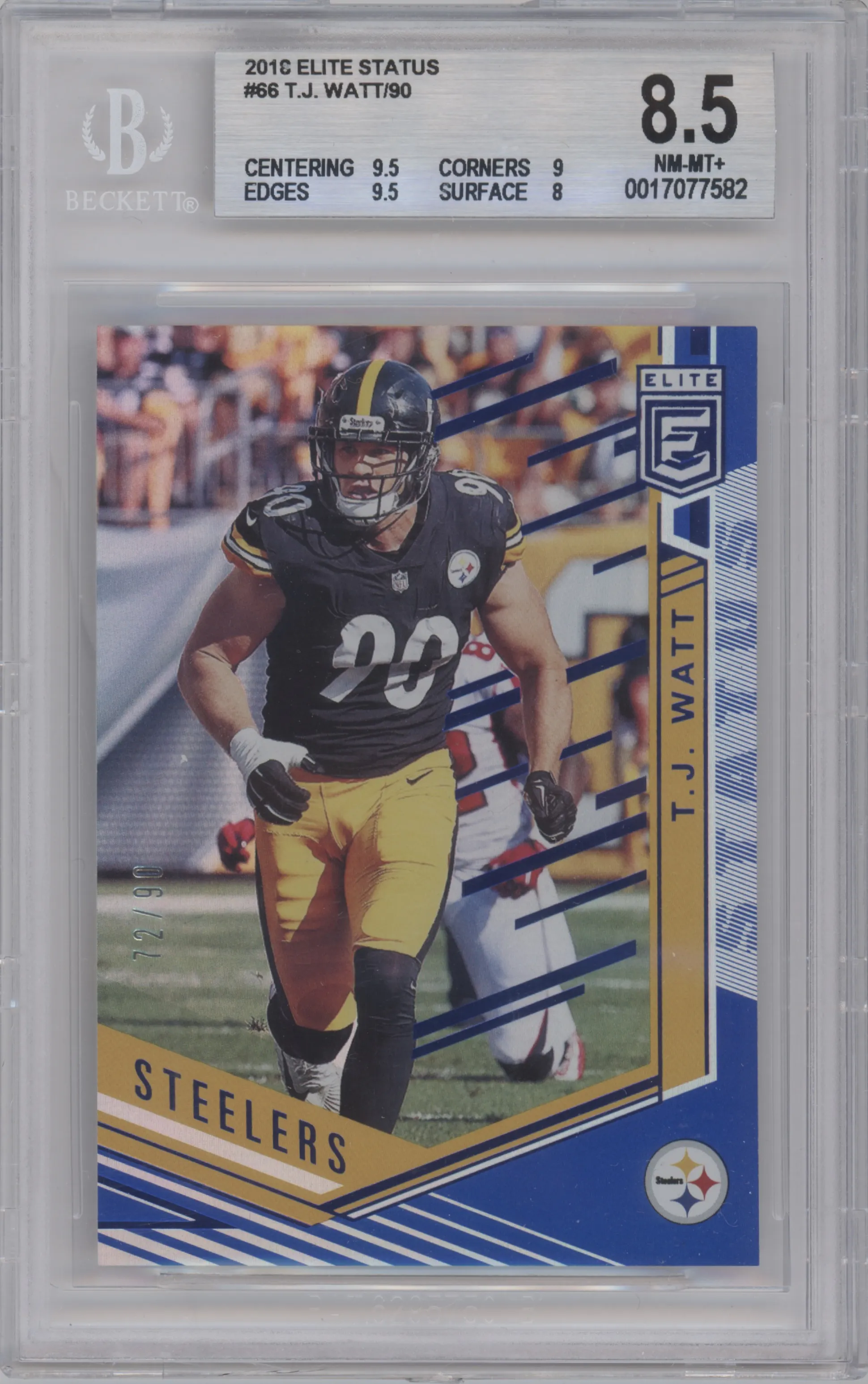 T.J. Watt from the 2018 Panini Donruss Elite set graded by Beckett and given an overall grade of 8.5.