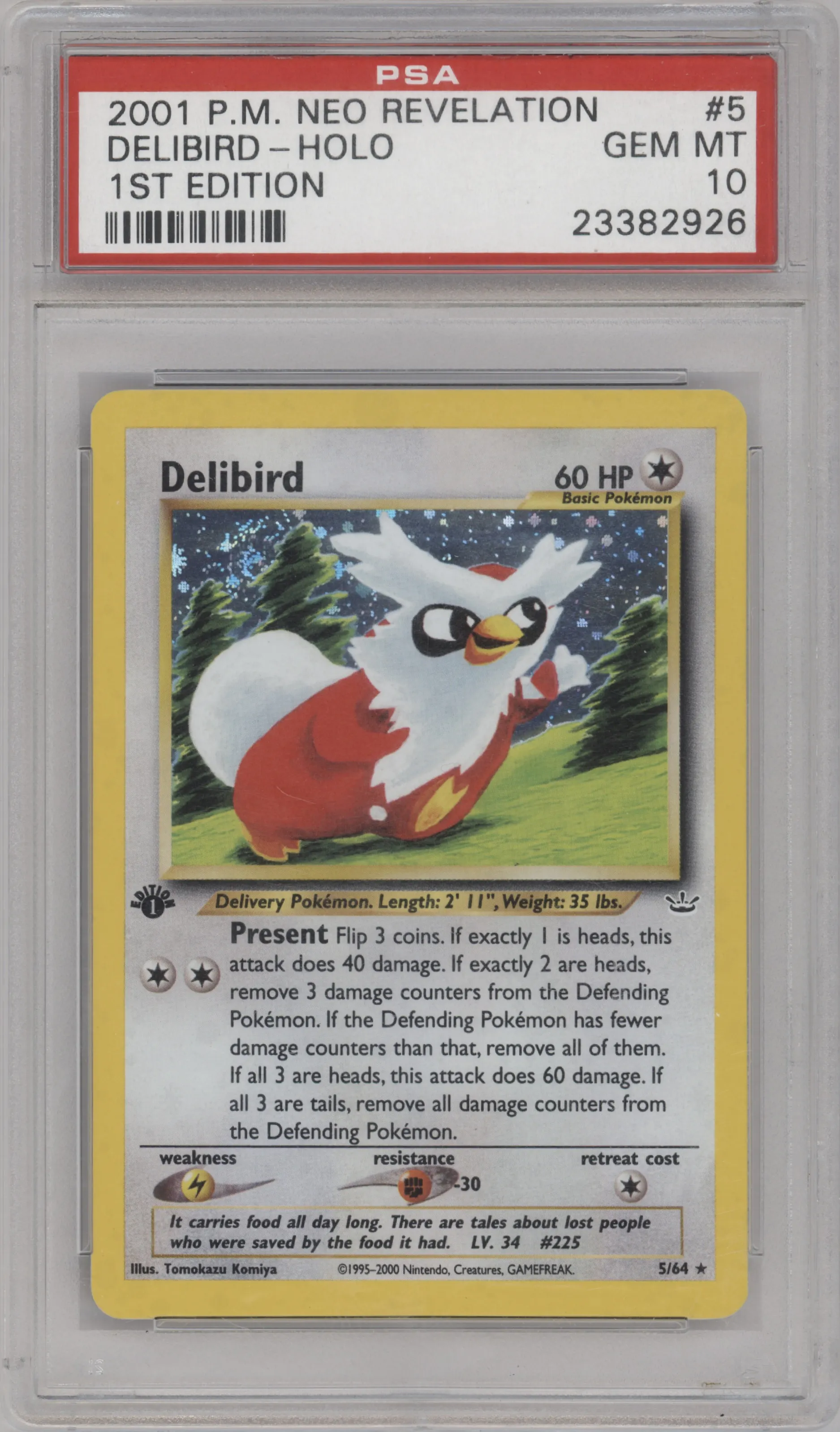 Delibird from the 2001 Pokemon Neo Genesis set graded by PSA and given an overall grade of 10.
