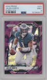 Jalen Hurts from the 2024 Panini Prizm set featuring a Purple Ice parallel graded by PSA and given an overall grade of 9.
