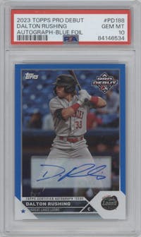 Dalton Rushing from the 2023 Topps Pro Debut set featuring a Blue Foil parallel graded by PSA and given an overall grade of 10.