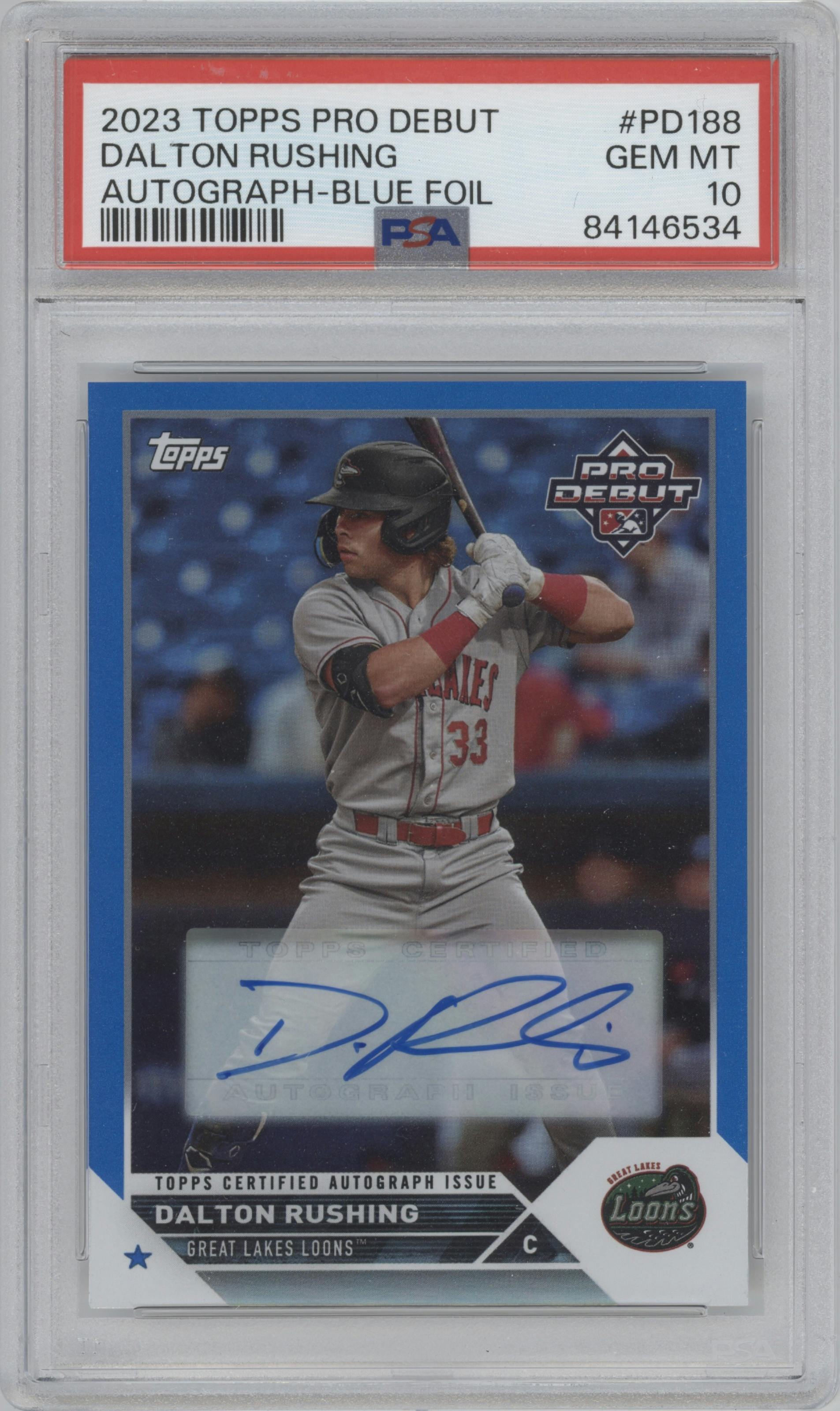 Dalton Rushing from the 2023 Topps Pro Debut set featuring a Blue Foil parallel graded by PSA and given an overall grade of 10.