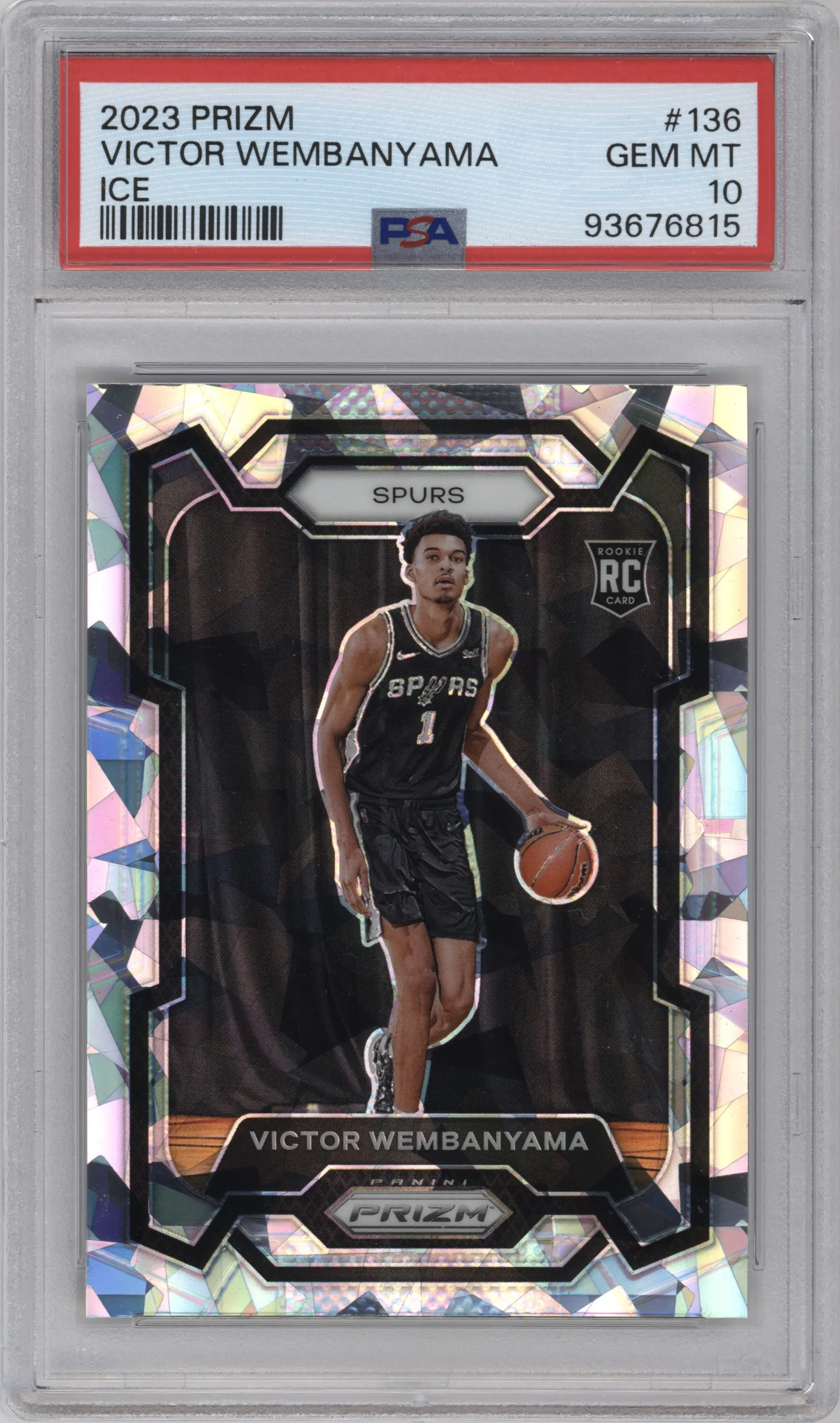 Victor Wembanyama from the 2023-24 Panini Prizm set featuring a Ice Prizm parallel graded by PSA and given an overall grade of 10.