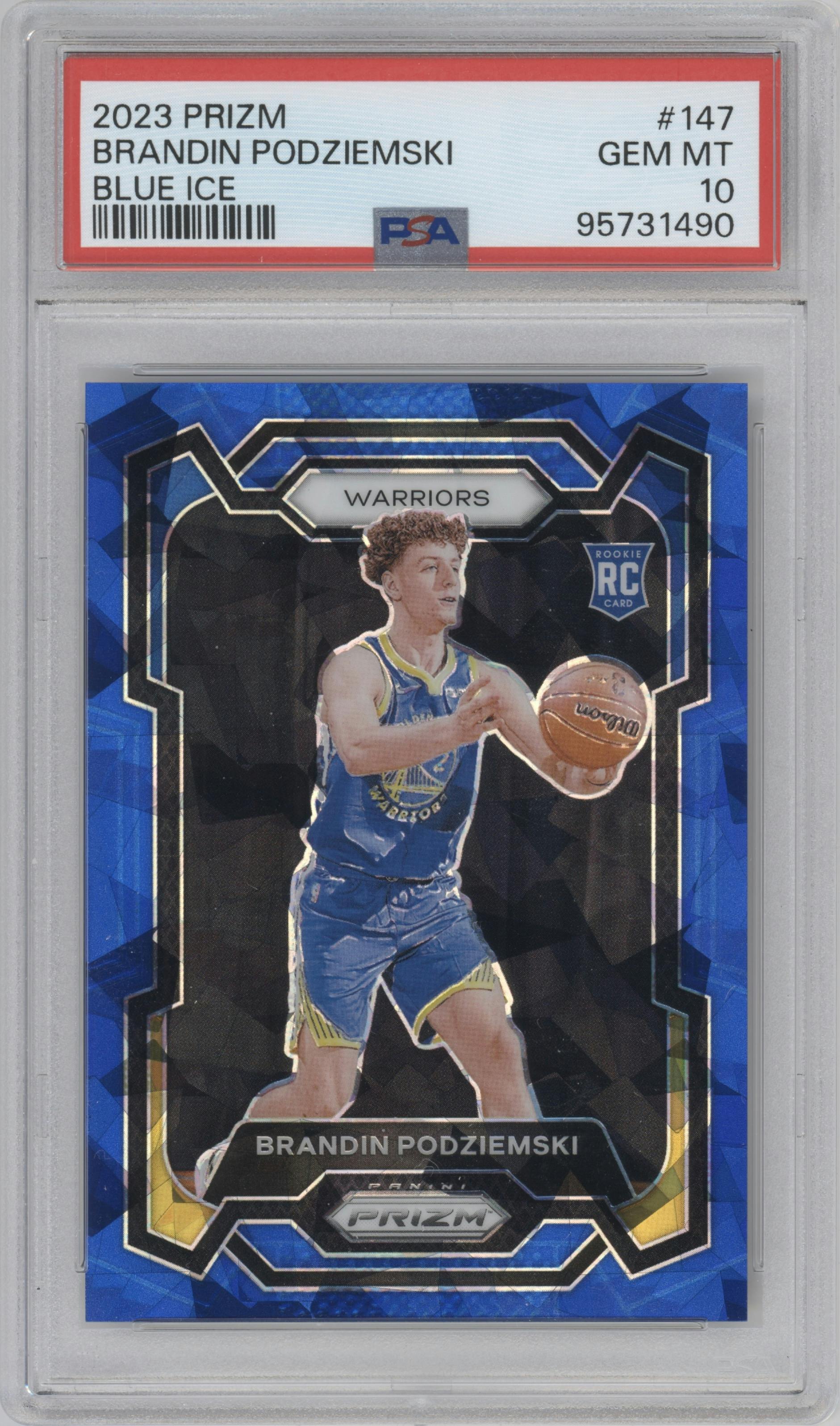 Brandin Podziemski from the 2023-24 Panini Prizm set featuring a Blue Ice parallel graded by PSA and given an overall grade of 10.