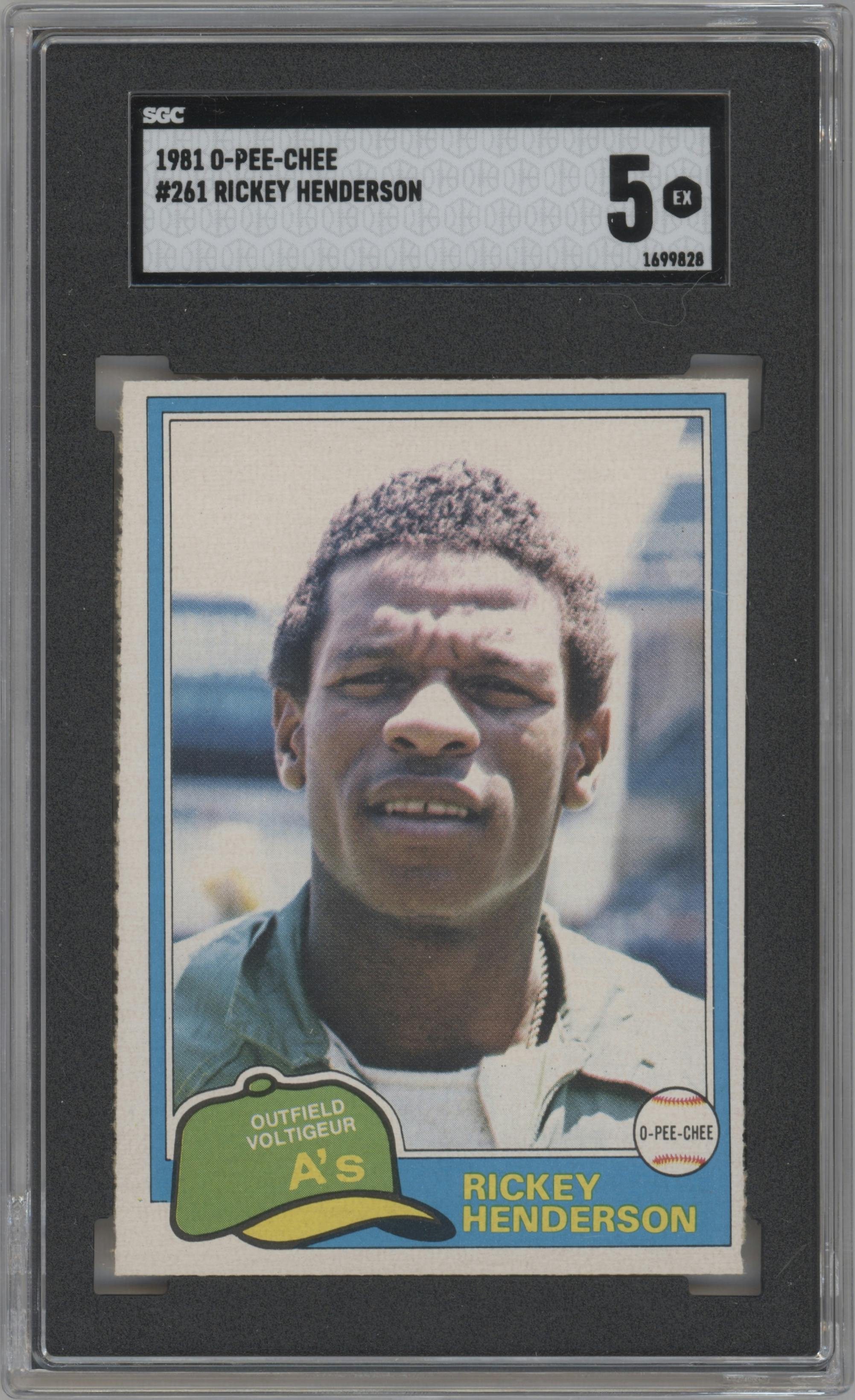 Rickey Henderson from the 1981 O-Pee-Chee set graded by SGC and given an overall grade of 5.