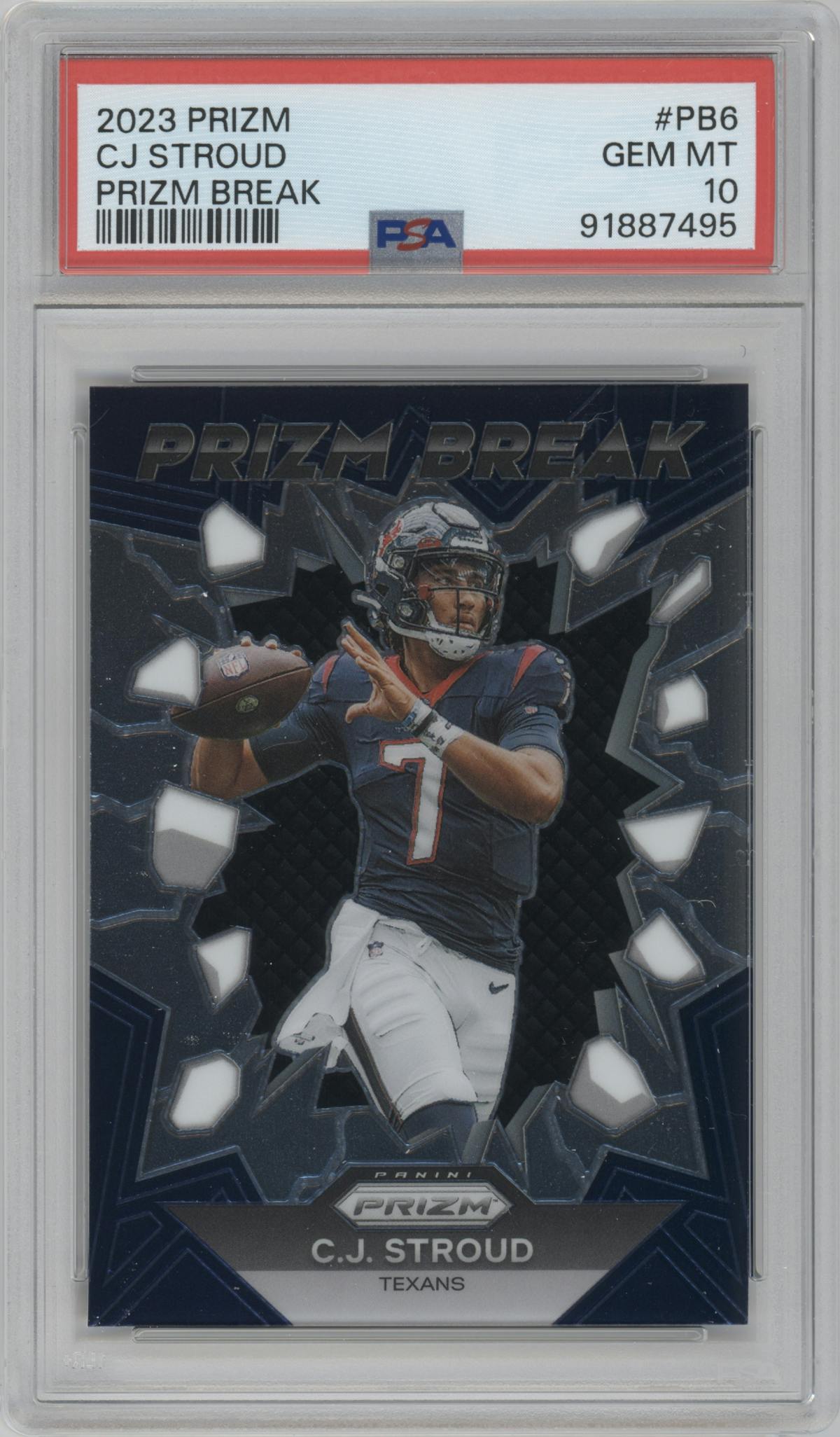C.J. Stroud from the 2023 Panini Prizm set graded by PSA and given an overall grade of 10.