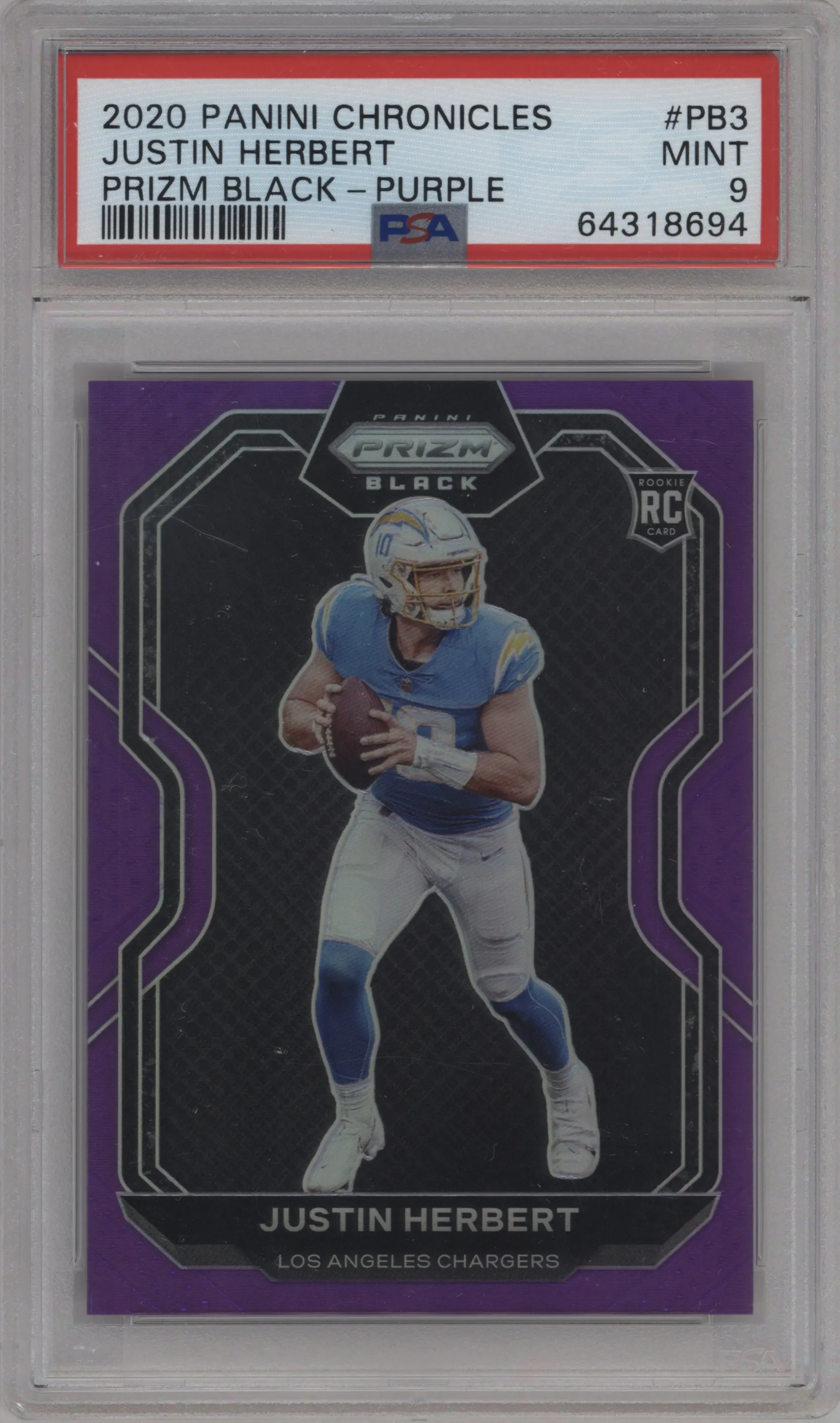 2020 Panini Chronicles Prizm Black Justin Herbert Purple PSA 9