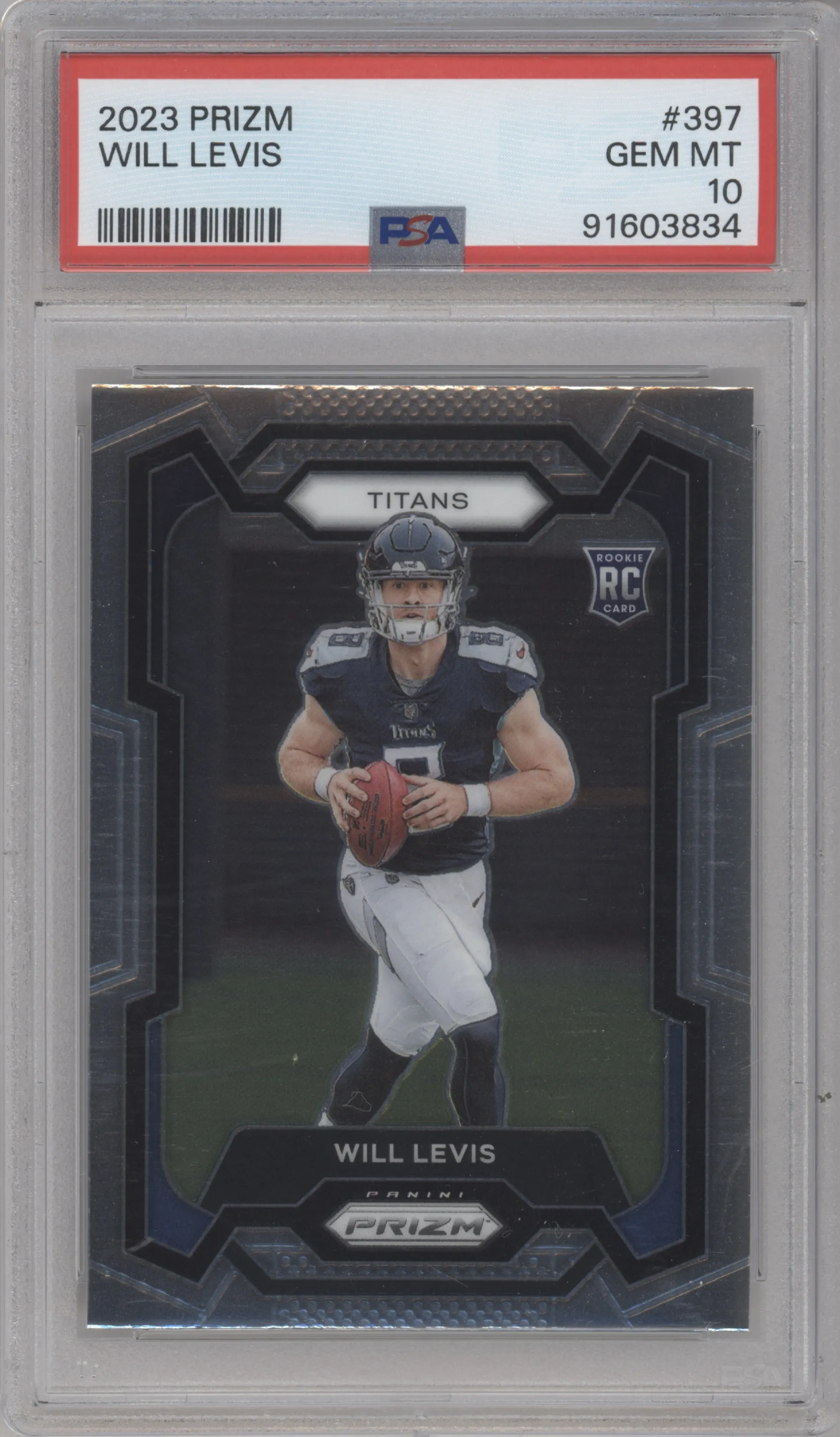 Will Levis from the 2023 Panini Prizm set graded by PSA and given an overall grade of 10.