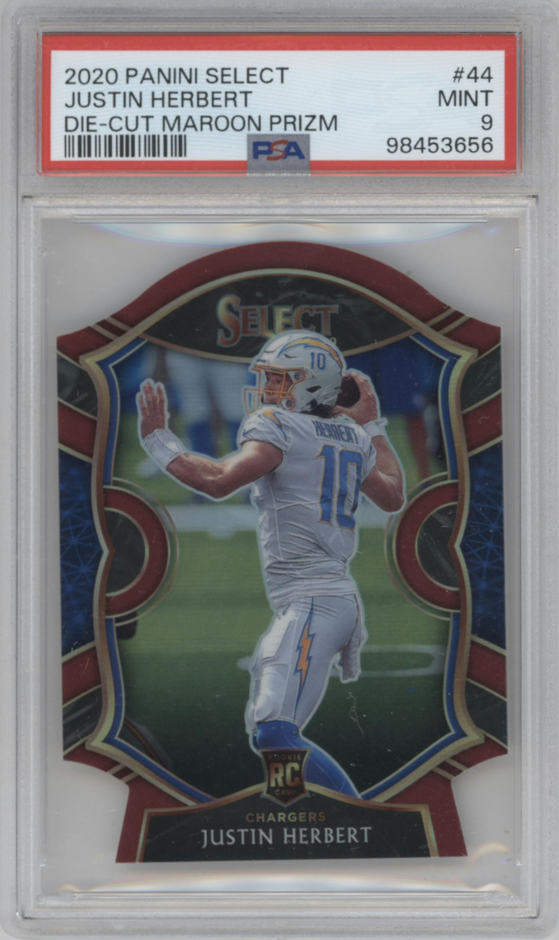 Justin Herbert from the 2020 Panini Select set featuring a Die-Cut Maroon parallel graded by PSA and given an overall grade of 9.