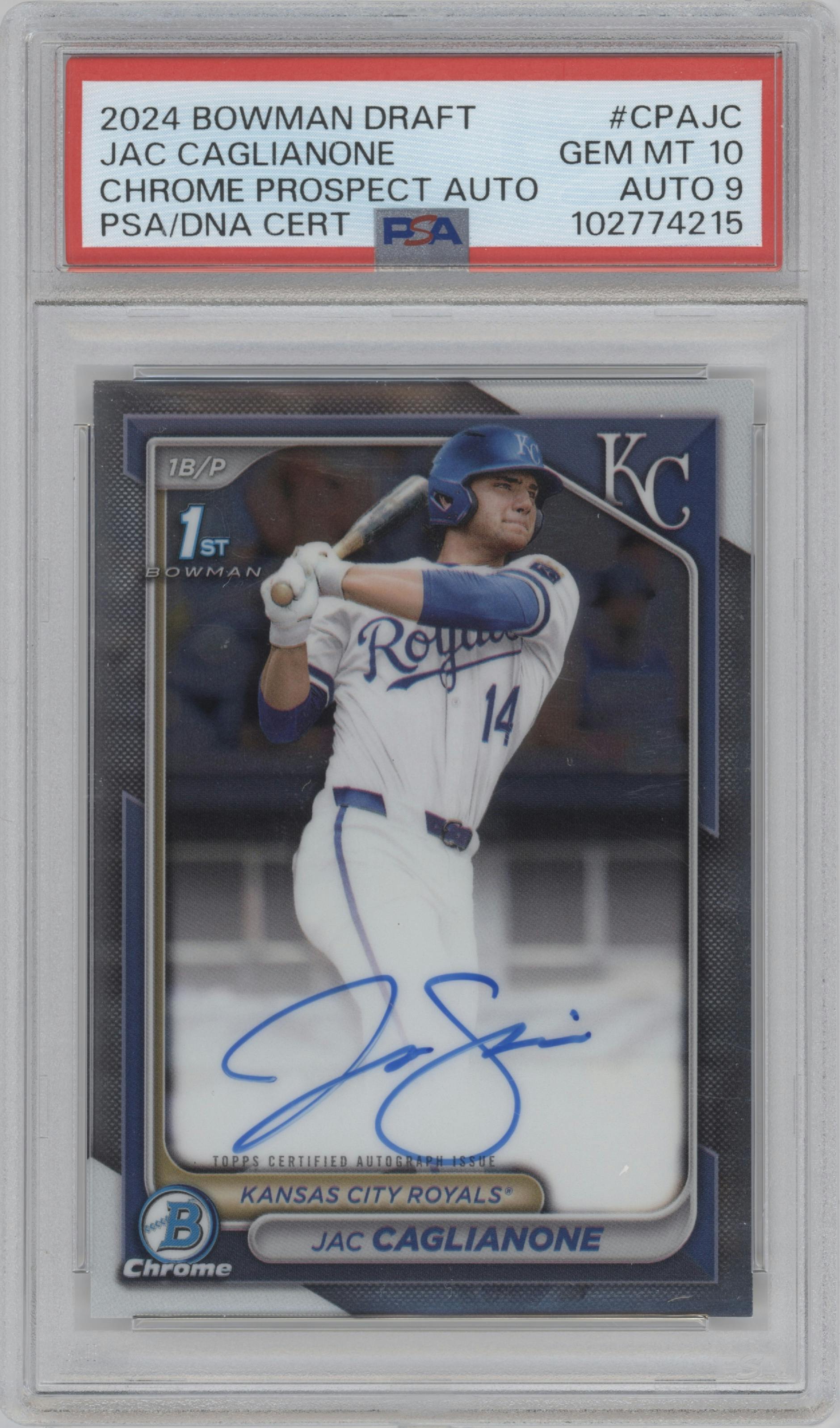 Jac Caglianone from the 2024 Bowman Draft set graded by PSA and given an overall grade of 10.