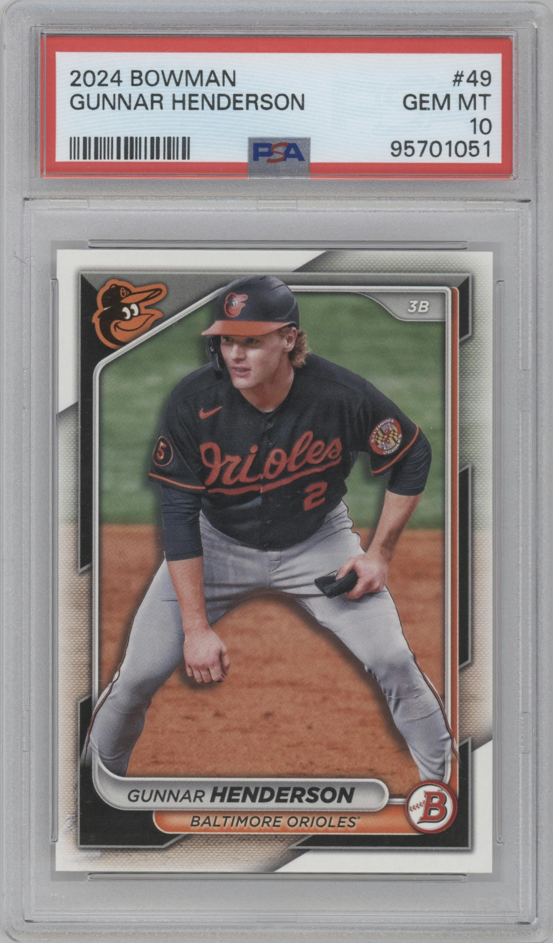 Gunnar Henderson from the 2024 Bowman set graded by PSA and given an overall grade of 10.
