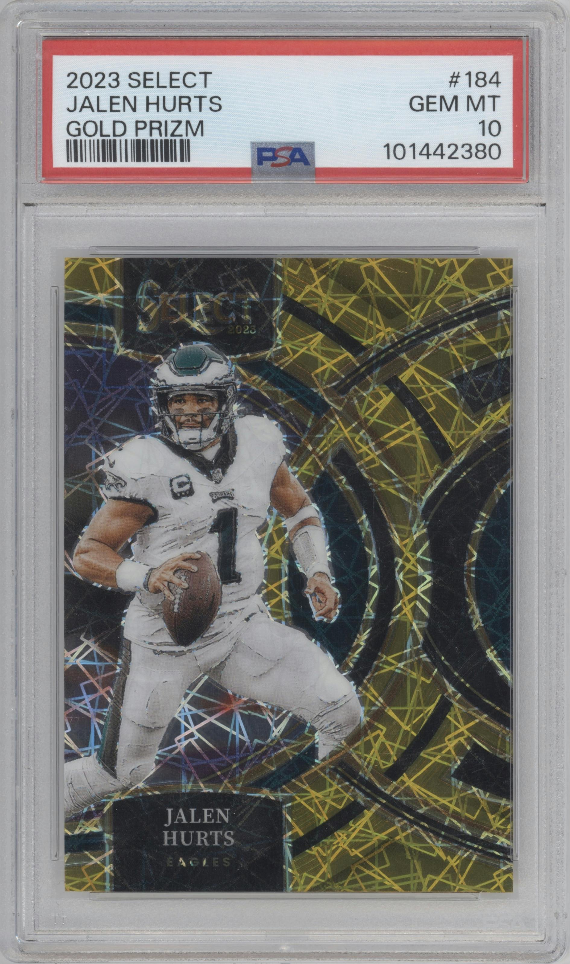 Jalen Hurts from the 2023 Panini Select set featuring a Gold Prizm parallel graded by PSA and given an overall grade of 10.