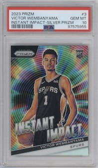 Victor Wembanyama from the 2023-24 Panini Prizm set featuring a Silver Prizm parallel graded by PSA and given an overall grade of 10.