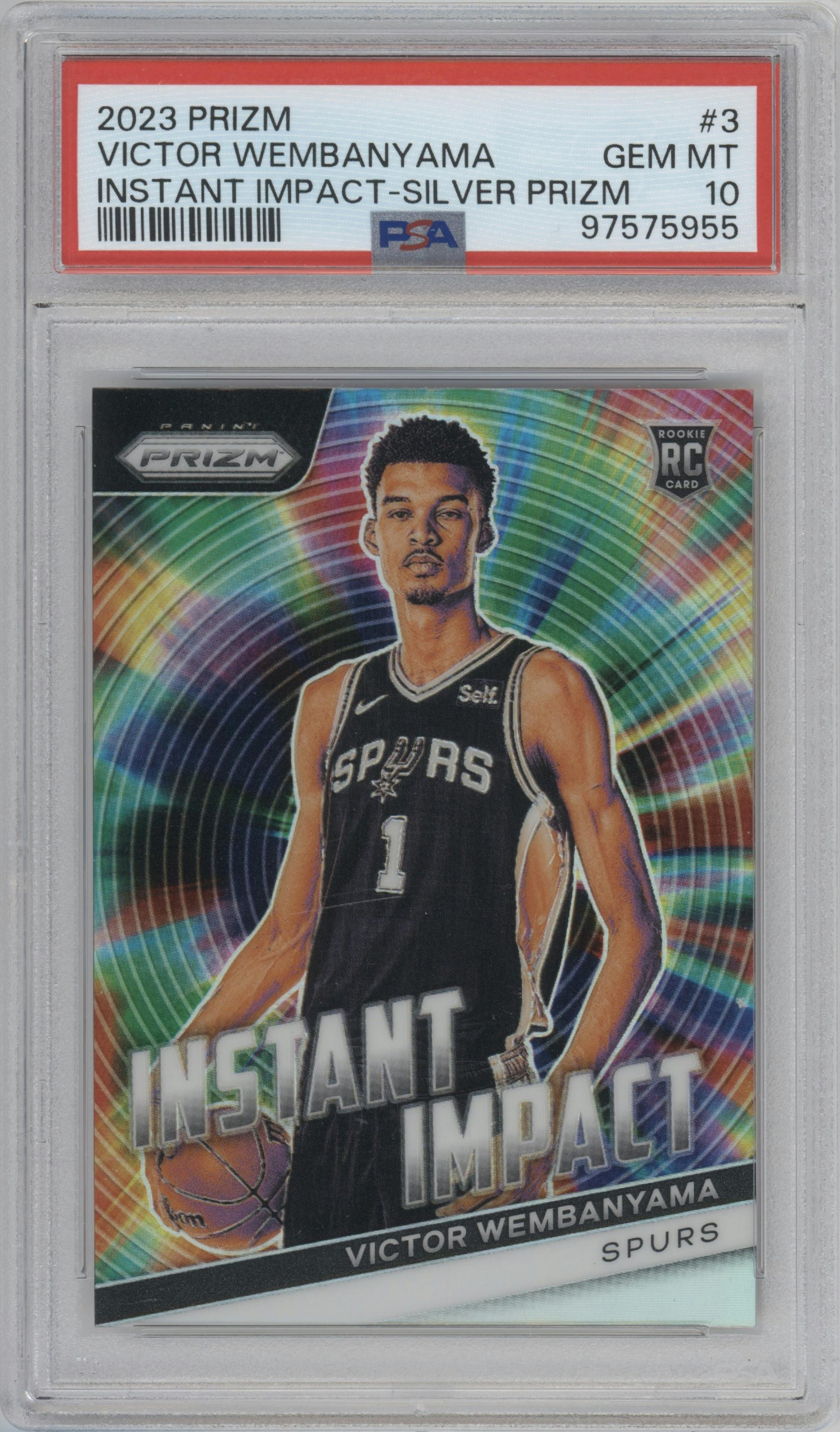 Victor Wembanyama from the 2023-24 Panini Prizm set featuring a Silver Prizm parallel graded by PSA and given an overall grade of 10.
