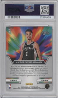 Victor Wembanyama from the 2023-24 Panini Prizm set featuring a Silver Prizm parallel graded by PSA and given an overall grade of 10.