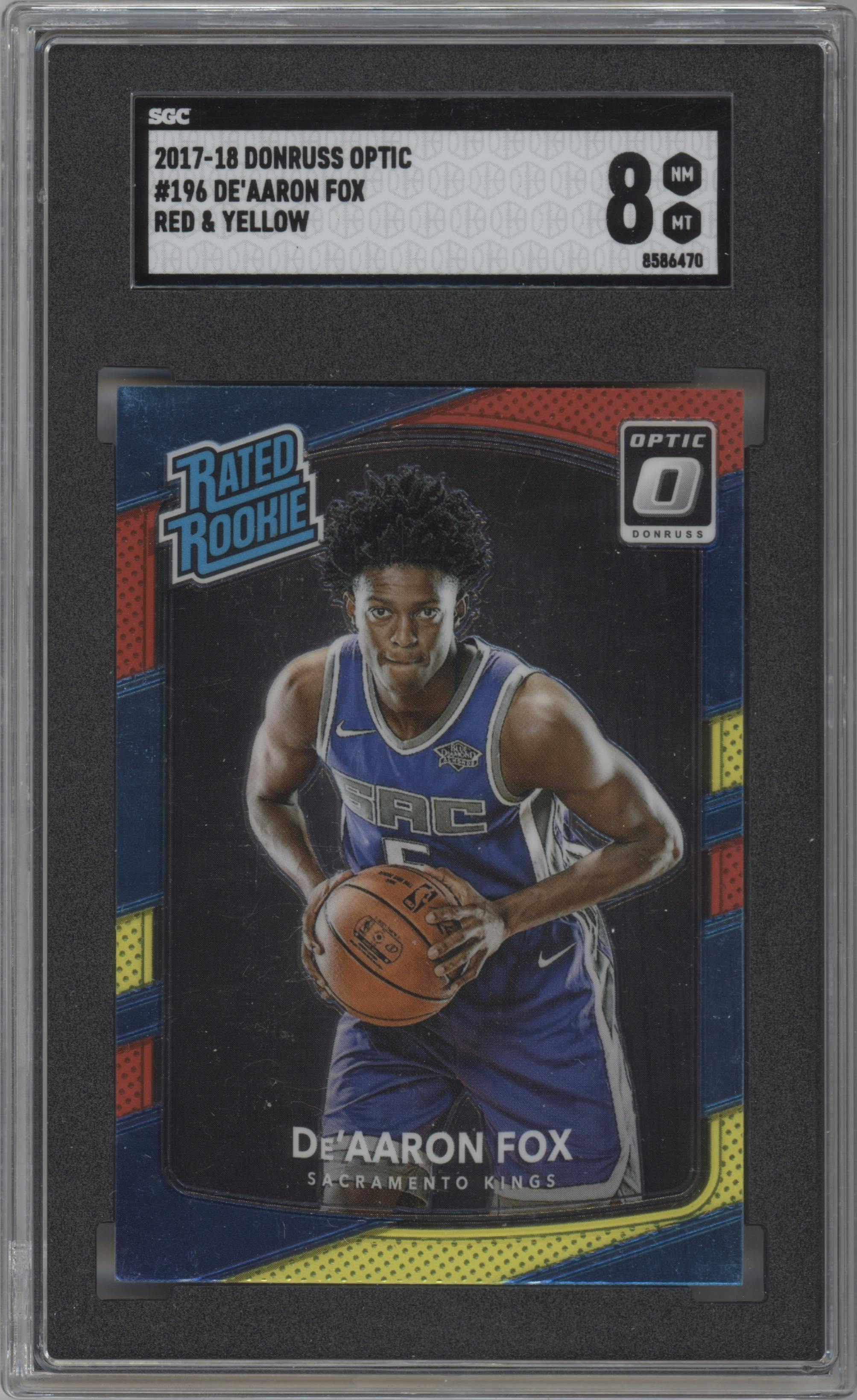 De'Aaron Fox from the 2017-18 Panini Donruss Optic set featuring a Red/Yellow  parallel graded by SGC and given an overall grade of 8.