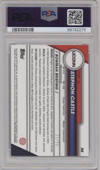 Stephon Castle from the 2023-24 Bowman U Chrome Sapphire set featuring a Gold parallel graded by PSA and given an overall grade of 10.