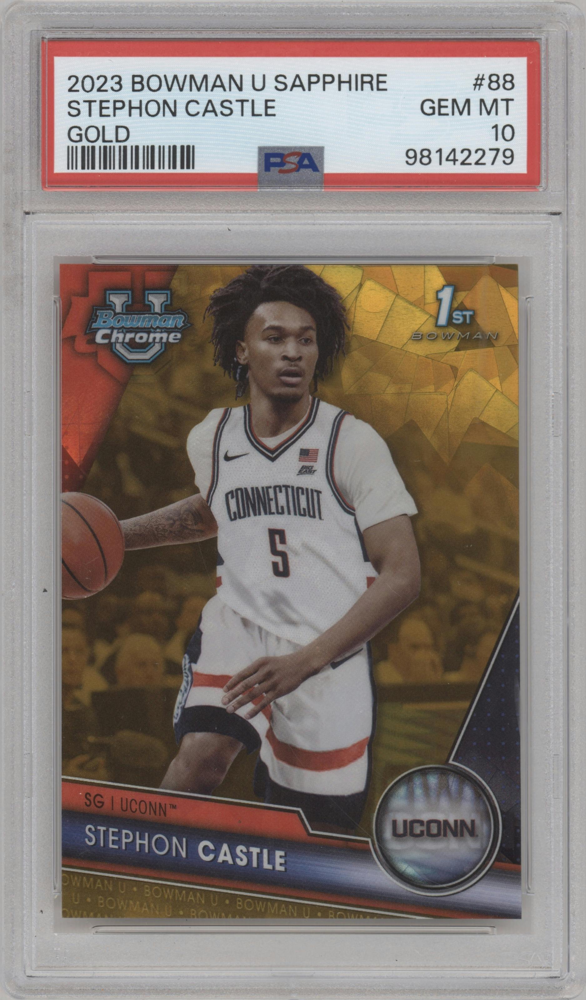 Stephon Castle from the 2023-24 Bowman U Chrome Sapphire set featuring a Gold parallel graded by PSA and given an overall grade of 10.